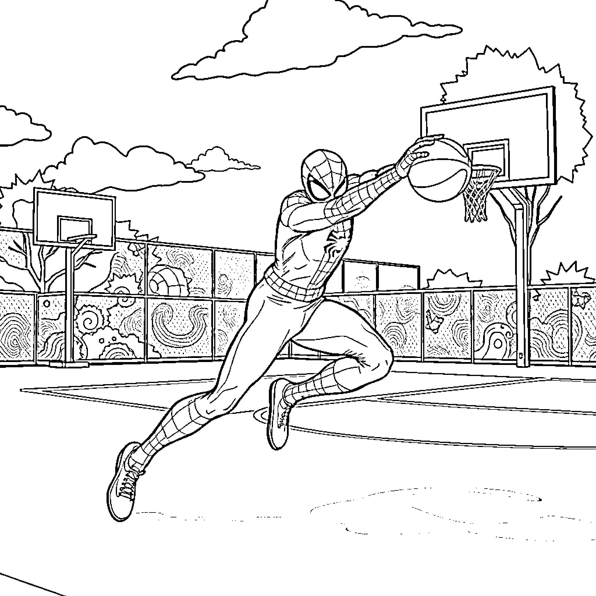 Spiderman soaring for a slam dunk on the basketball court Coloring Page (free black-and-white line drawing printable PDF for all, from beginners to advanced learners, including children, teens, adults, and seniors)