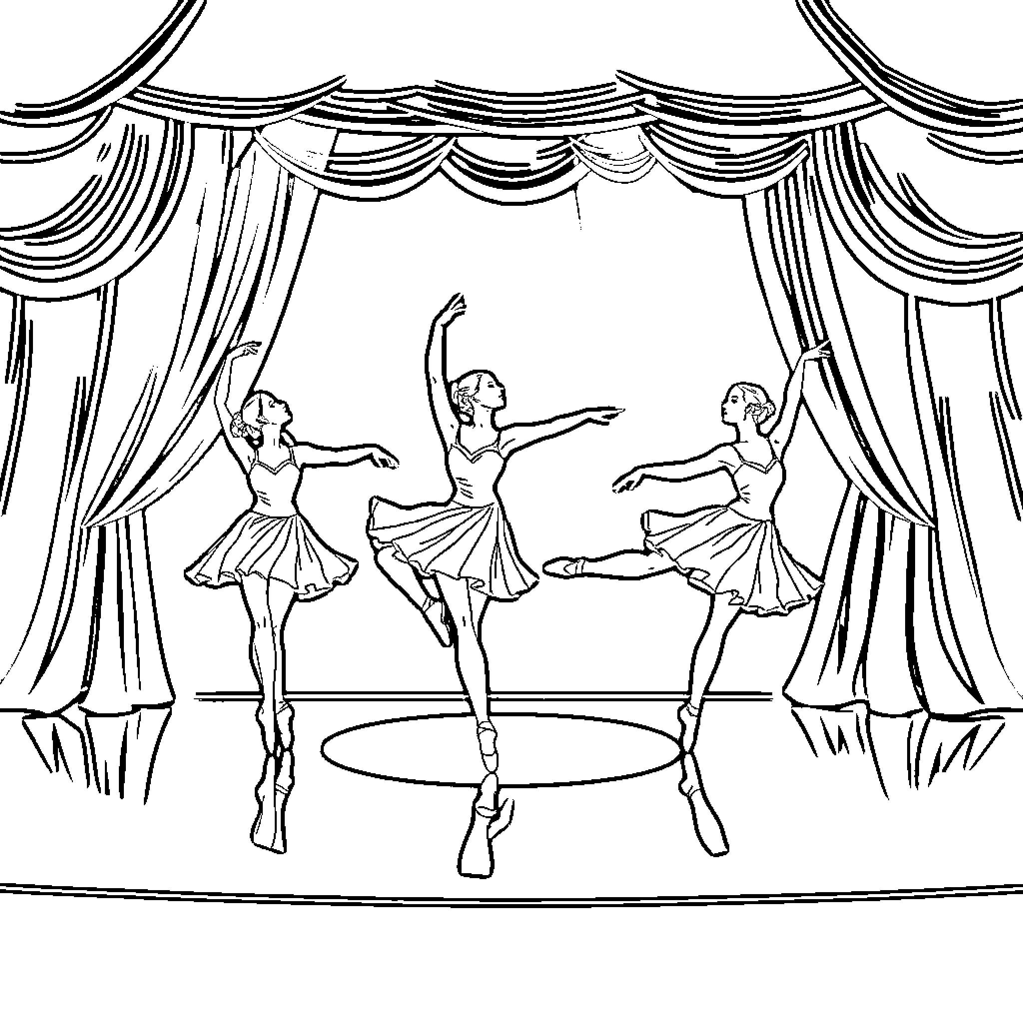 Ballet Dancers Performing on Stage Coloring Page (free black-and-white line drawing printable PDF for all, from beginners to advanced learners, including children, teens, adults, and seniors)