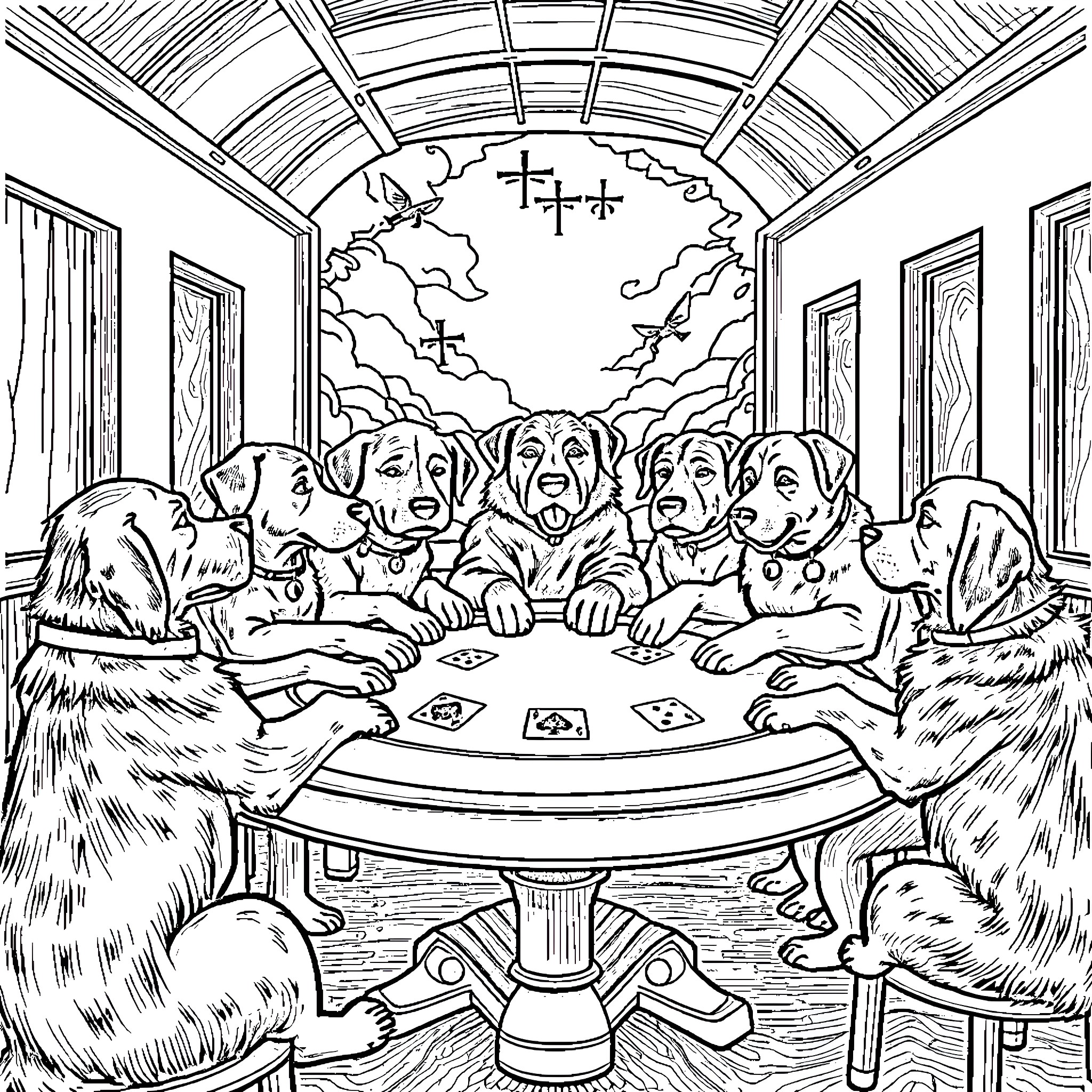 Dogs playing a game around a table Coloring Page (free black-and-white line drawing printable PDF for all, from beginners to advanced learners, including children, teens, adults, and seniors)
