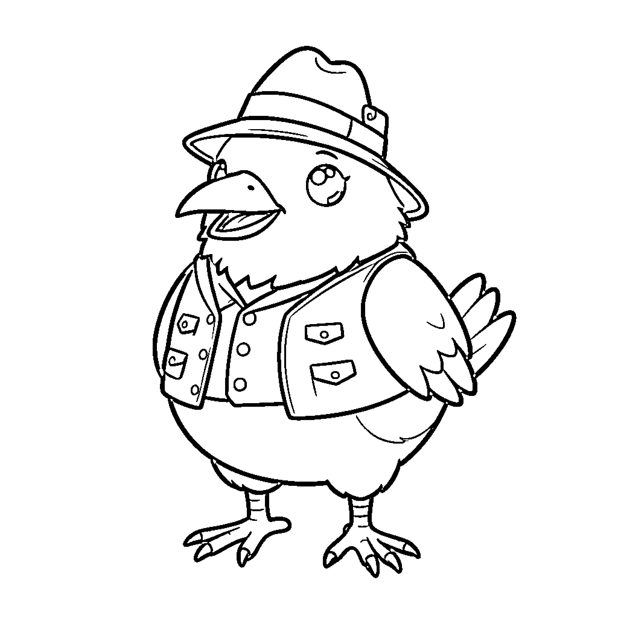 Bird detective in stylish hat and coat Coloring Page (free black-and-white line drawing printable PDF for all, from beginners to advanced learners, including children, teens, adults, and seniors)