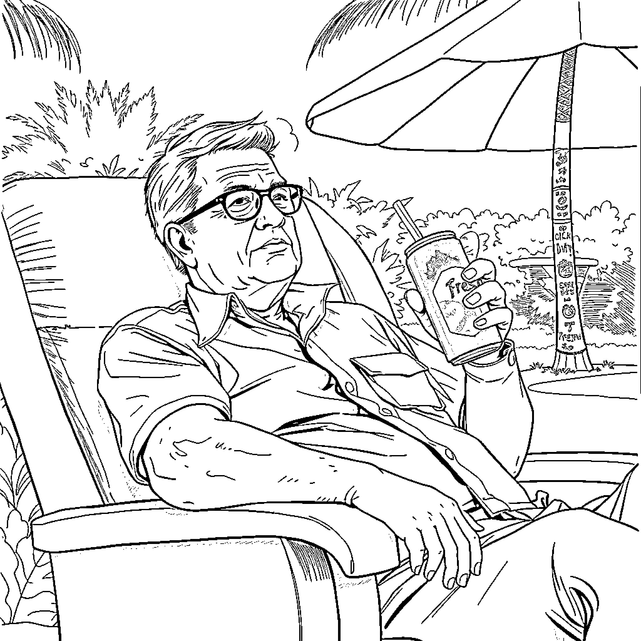 John McArthur relaxing on a park bench Coloring Page (free black-and-white line drawing printable PDF for all, from beginners to advanced learners, including children, teens, adults, and seniors)