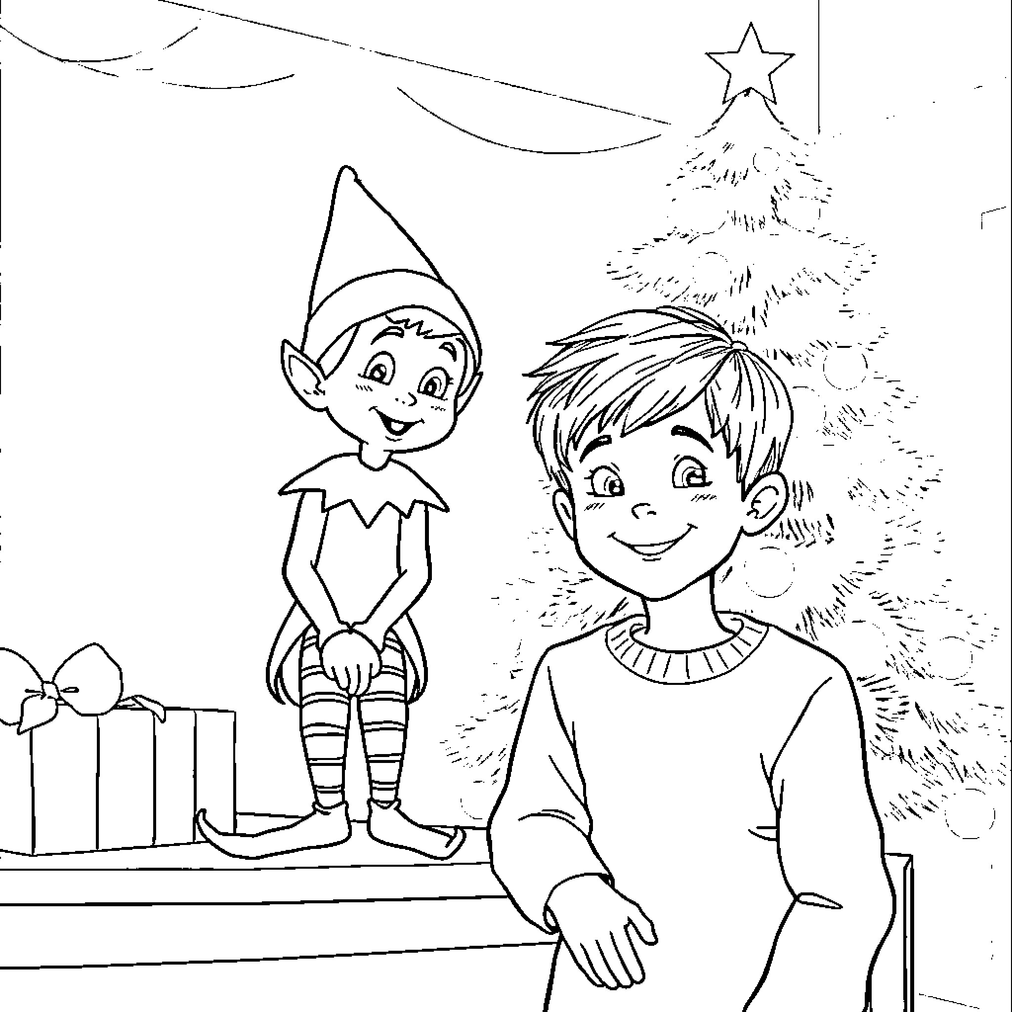 Elf and boy celebrating Christmas together Coloring Page (free black-and-white line drawing printable PDF for all, from beginners to advanced learners, including children, teens, adults, and seniors)