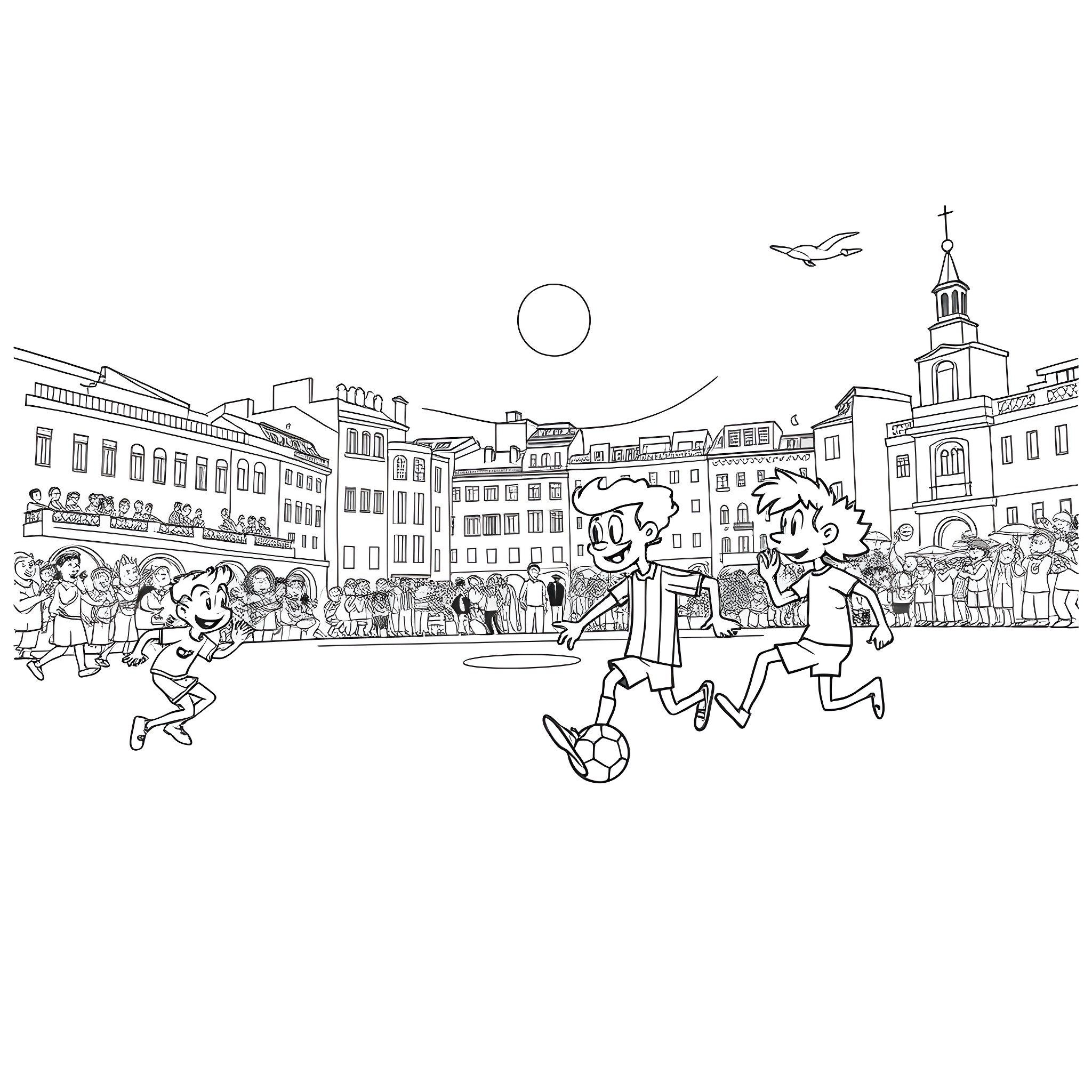 Character Playing Soccer in Lively City Street Coloring Page (free black-and-white line drawing printable PDF for all, from beginners to advanced learners, including children, teens, adults, and seniors)