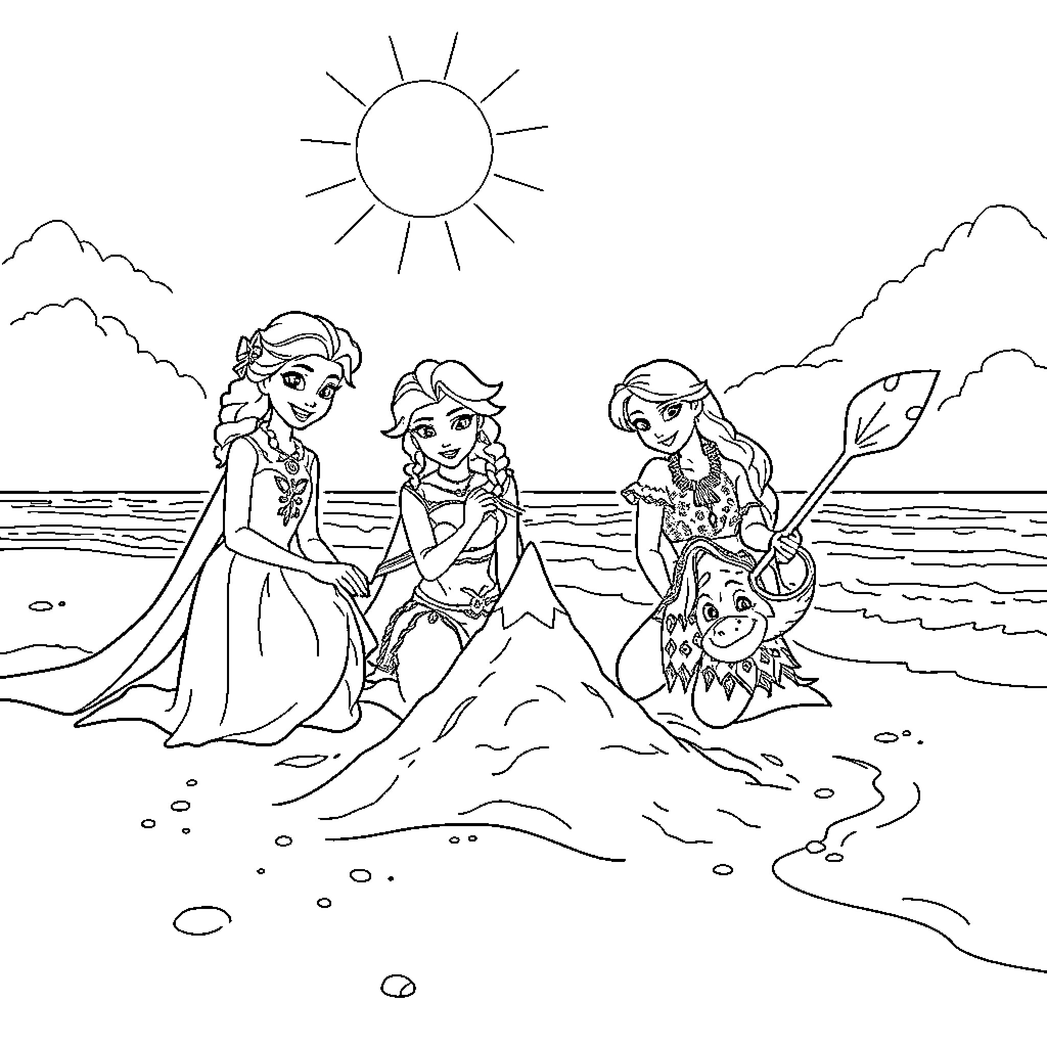 Princess Trio Enjoying a Sunny Beach Day Coloring Page (free black-and-white line drawing printable PDF for all, from beginners to advanced learners, including children, teens, adults, and seniors)
