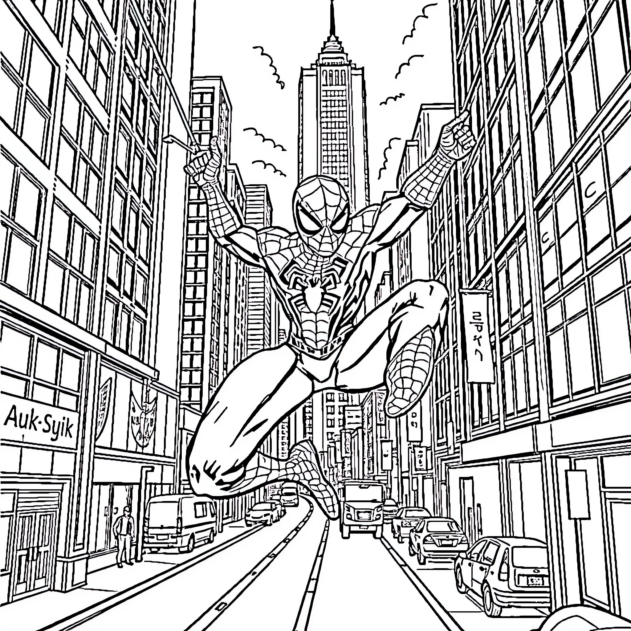 Spiderman swinging through the bustling city streets Coloring Page (free black-and-white line drawing printable PDF for all, from beginners to advanced learners, including children, teens, adults, and seniors)
