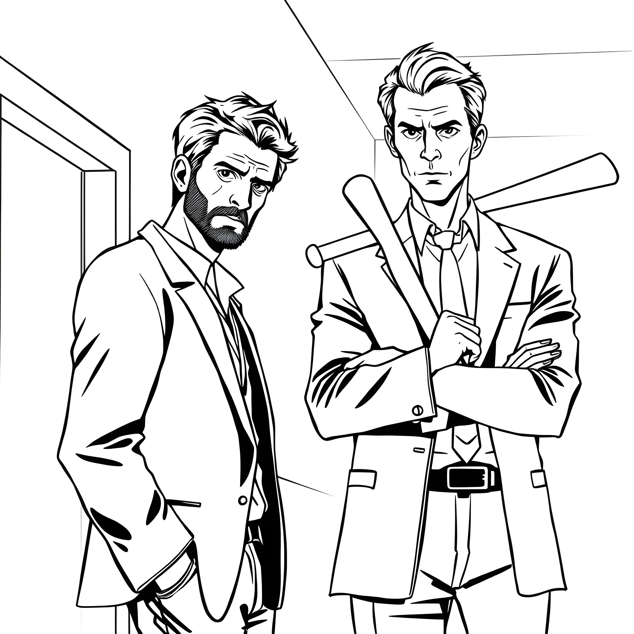 Gregory House: Two Detectives in Serious Discussion Coloring Page (free black-and-white line drawing printable PDF for all, from beginners to advanced learners, including children, teens, adults, and seniors)