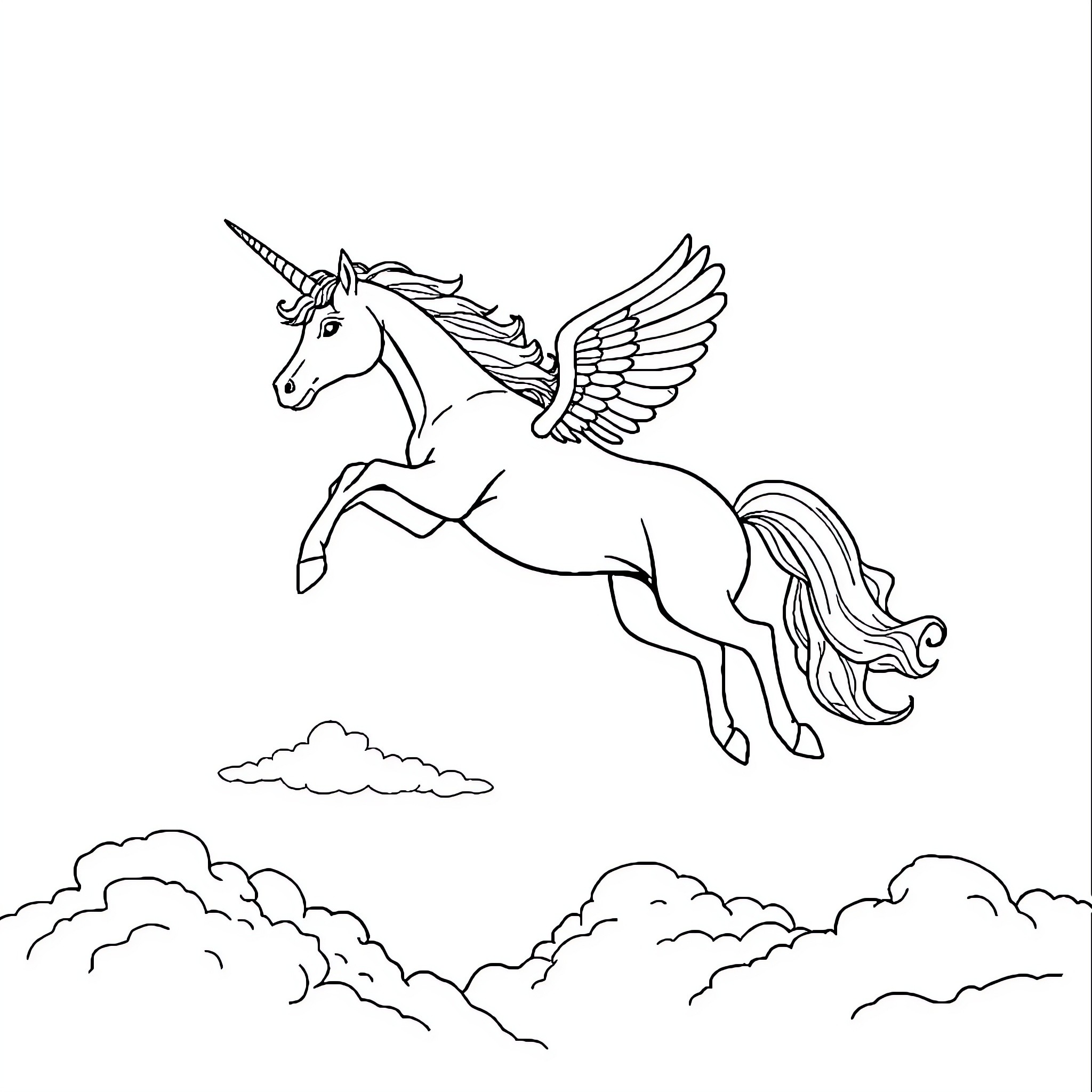 Unicorn soaring through the clouds with wings Coloring Page (free black-and-white line drawing printable PDF for all, from beginners to advanced learners, including children, teens, adults, and seniors)