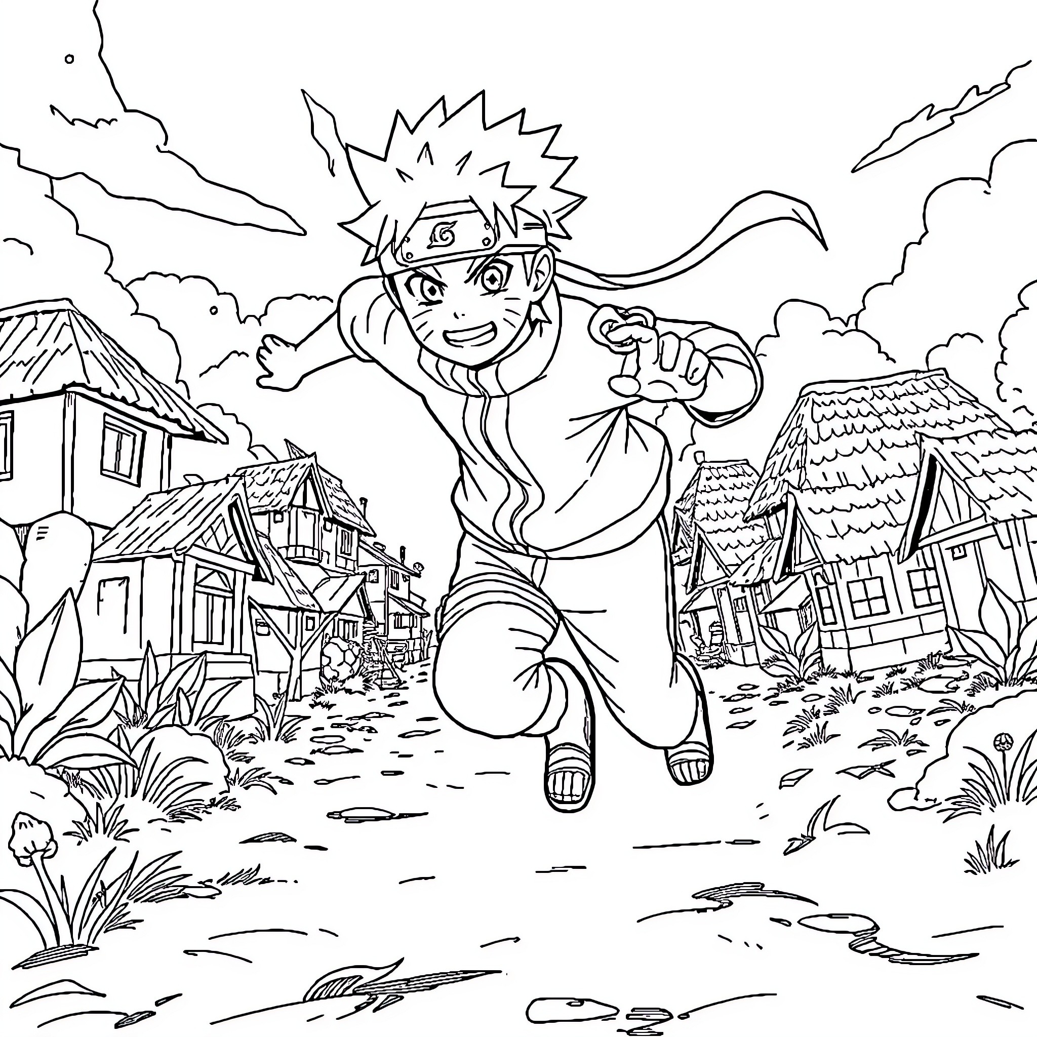 Naruto running excitedly through a village Coloring Page (free black-and-white line drawing printable PDF for all, from beginners to advanced learners, including children, teens, adults, and seniors)