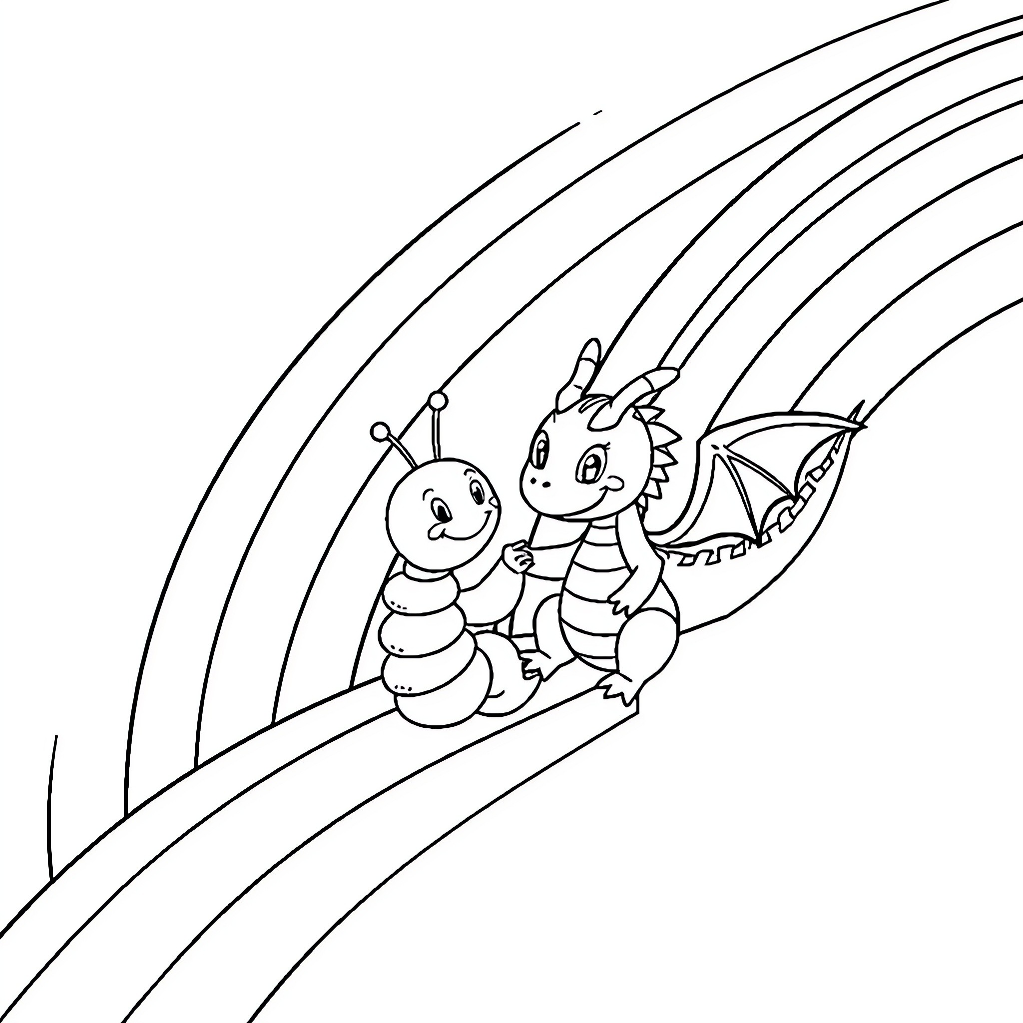 Caterpillar and dragon flying together happily Coloring Page (free black-and-white line drawing printable PDF for all, from beginners to advanced learners, including children, teens, adults, and seniors)
