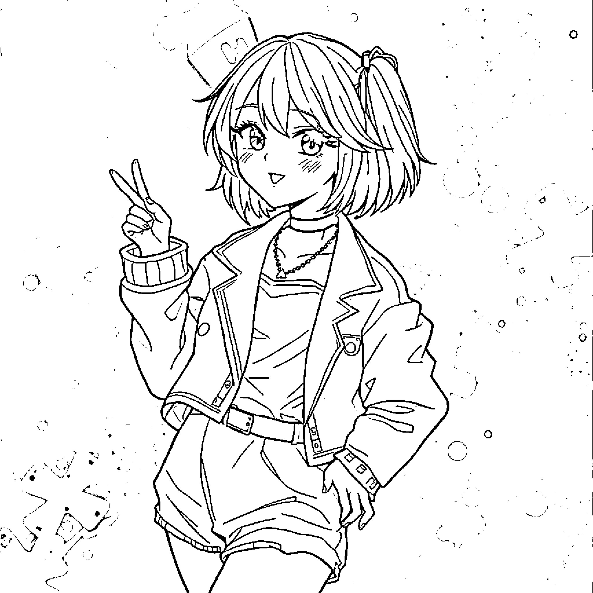 Anime Femboy Striking a Confident Pose Coloring Page (free black-and-white line drawing printable PDF for all, from beginners to advanced learners, including children, teens, adults, and seniors)