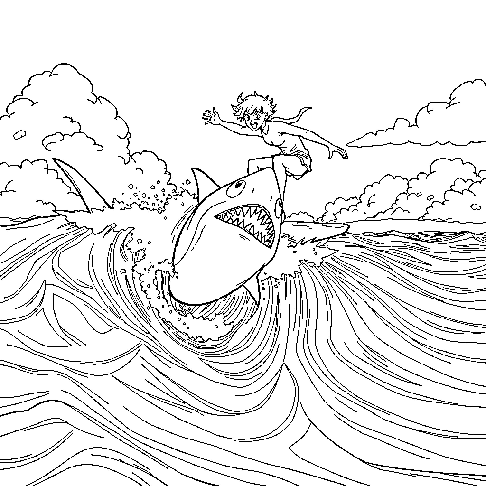 Shark chasing adventurous swimmer in the waves Coloring Page (free black-and-white line drawing printable PDF for all, from beginners to advanced learners, including children, teens, adults, and seniors)