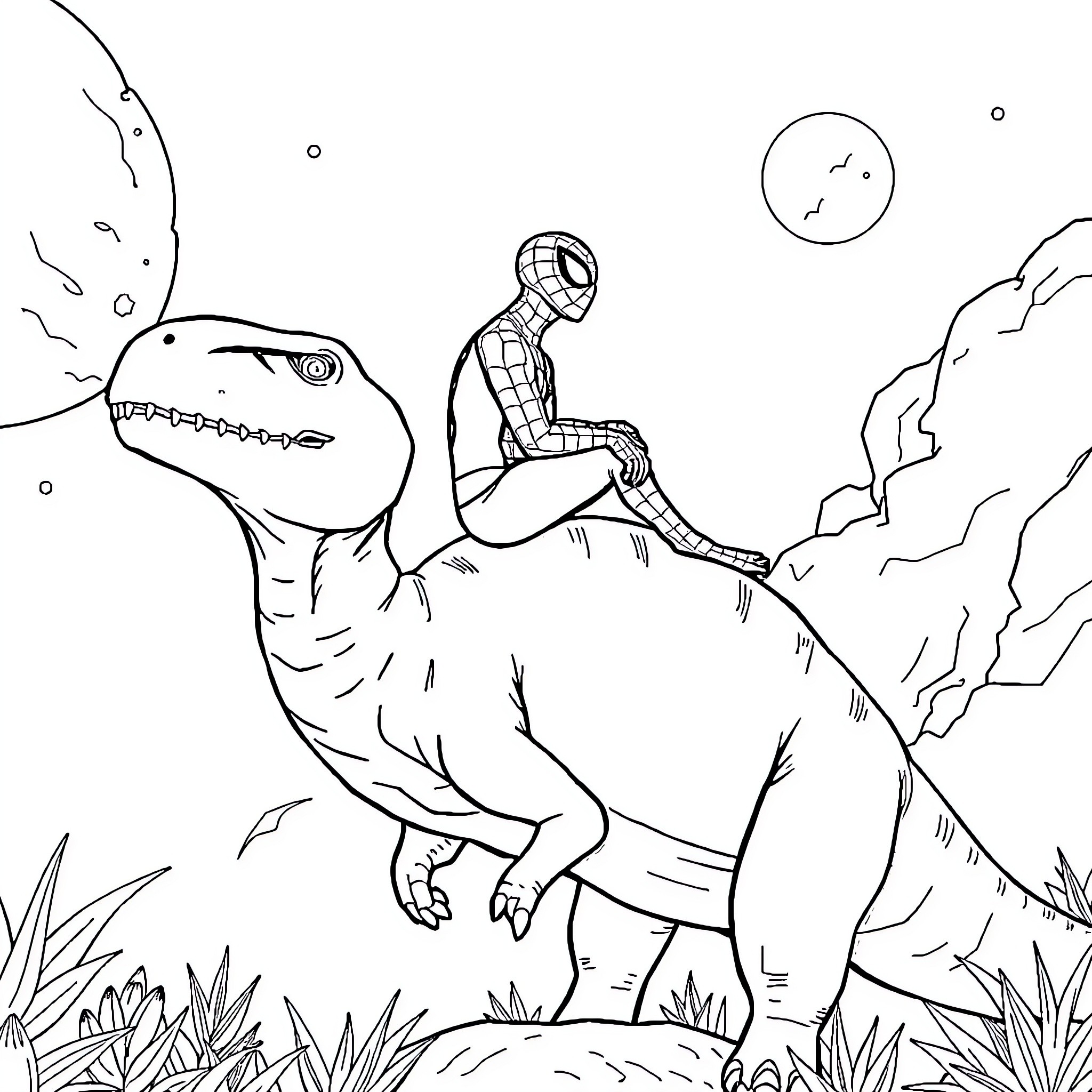 Spiderman encounters a Tyrannosaurus Rex in a forest Coloring Page (free black-and-white line drawing printable PDF for all, from beginners to advanced learners, including children, teens, adults, and seniors)