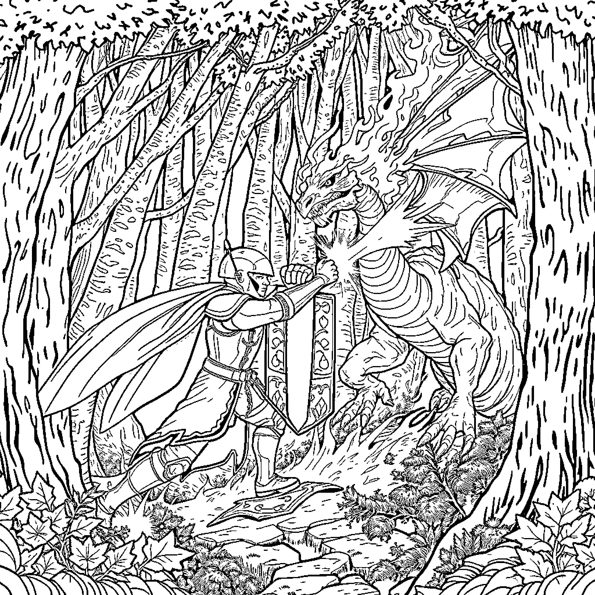 Knight Battling Fierce Dragon in Enchanted Forest Coloring Page (free black-and-white line drawing printable PDF for all, from beginners to advanced learners, including children, teens, adults, and seniors)