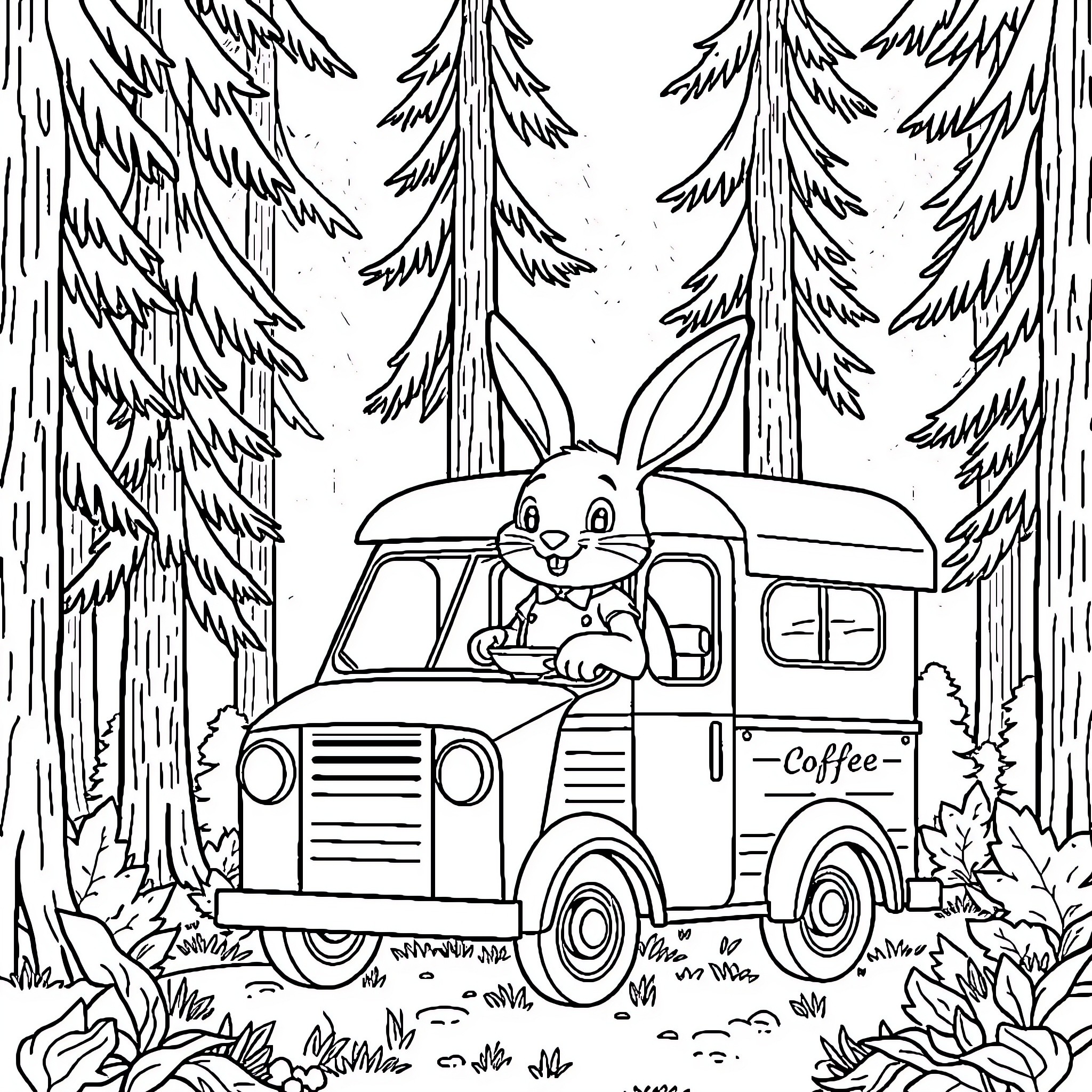 Bunny driving a coffee van through the forest Coloring Page (free black-and-white line drawing printable PDF for all, from beginners to advanced learners, including children, teens, adults, and seniors)