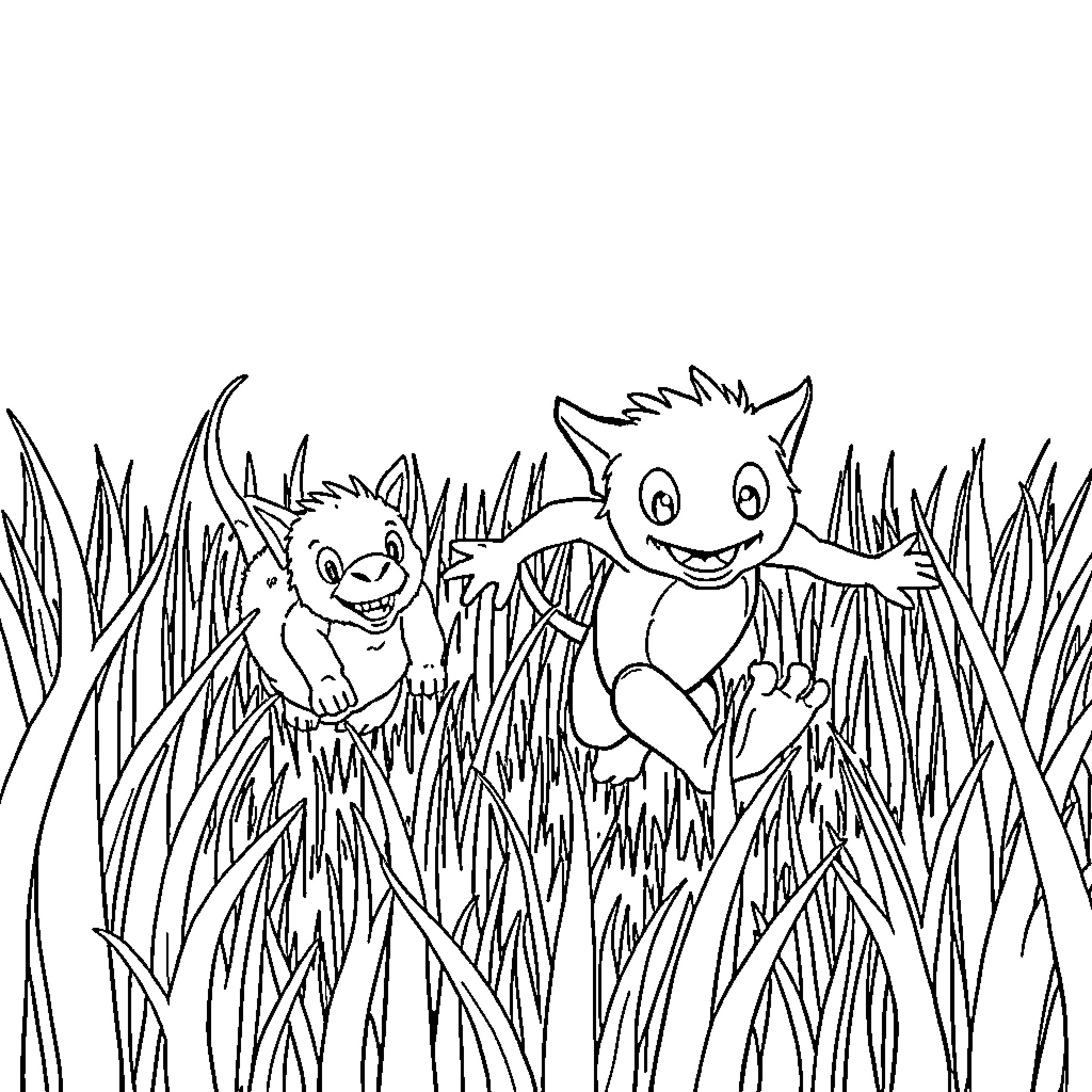 Chase of Playful Creatures in Tall Grass Coloring Page (free black-and-white line drawing printable PDF for all, from beginners to advanced learners, including children, teens, adults, and seniors)