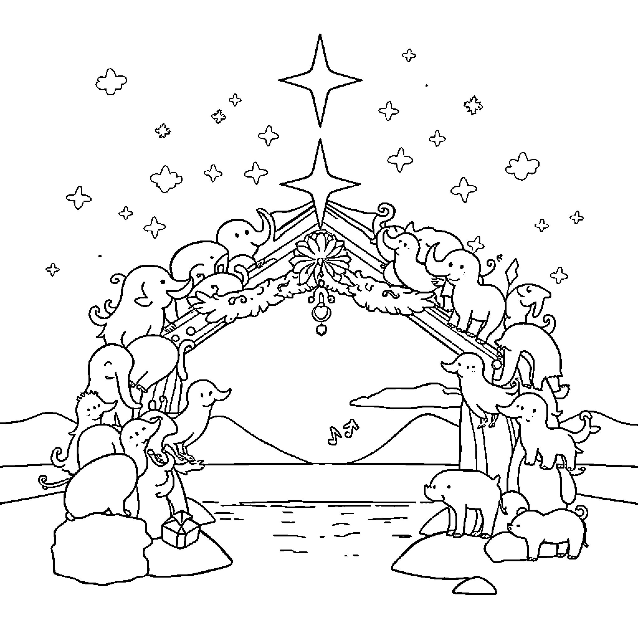 Noah's Ark with various animals gathered in peaceful scene Coloring Page (free black-and-white line drawing printable PDF for all, from beginners to advanced learners, including children, teens, adults, and seniors)