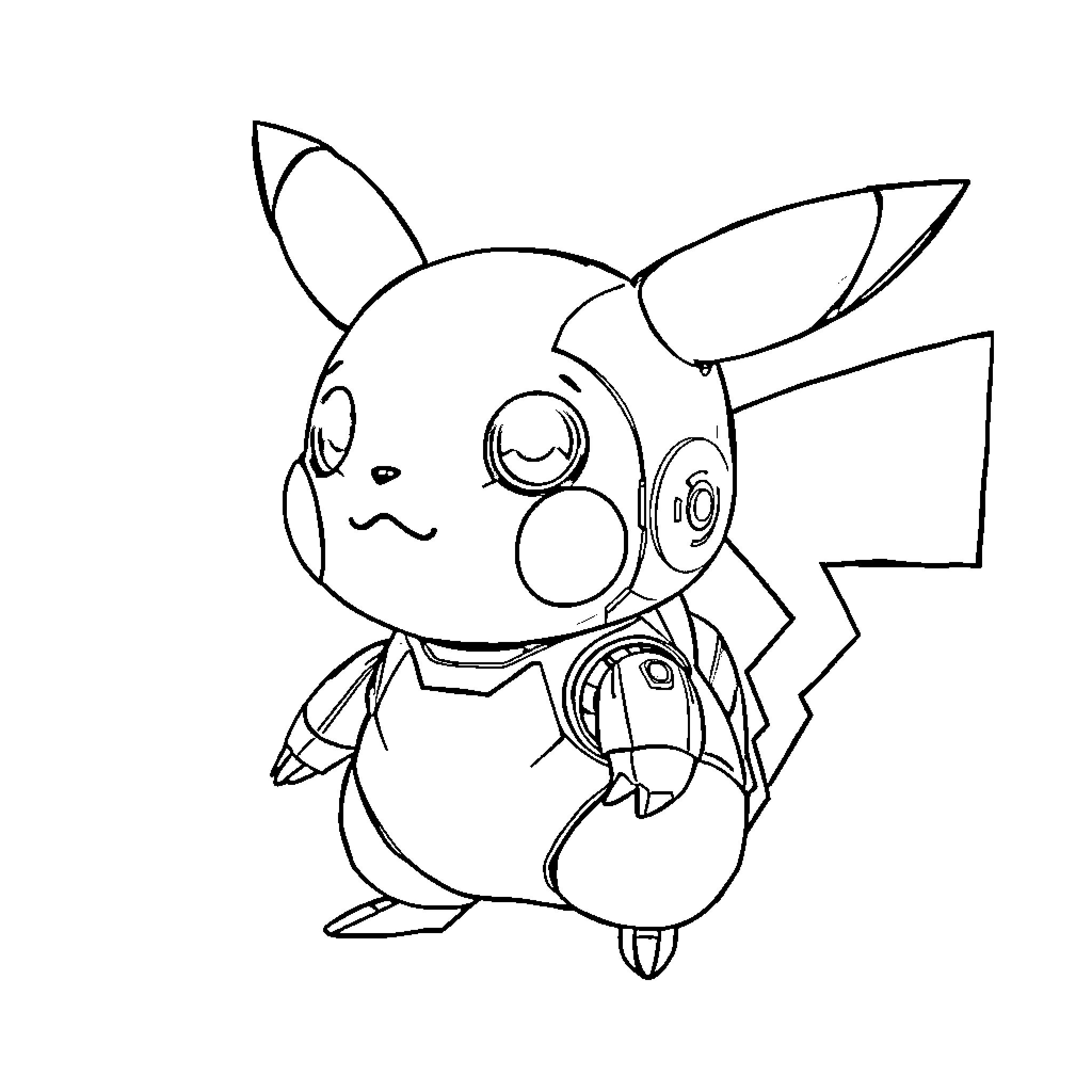 Robot Pikachu character in action pose Coloring Page (free black-and-white line drawing printable PDF for all, from beginners to advanced learners, including children, teens, adults, and seniors)