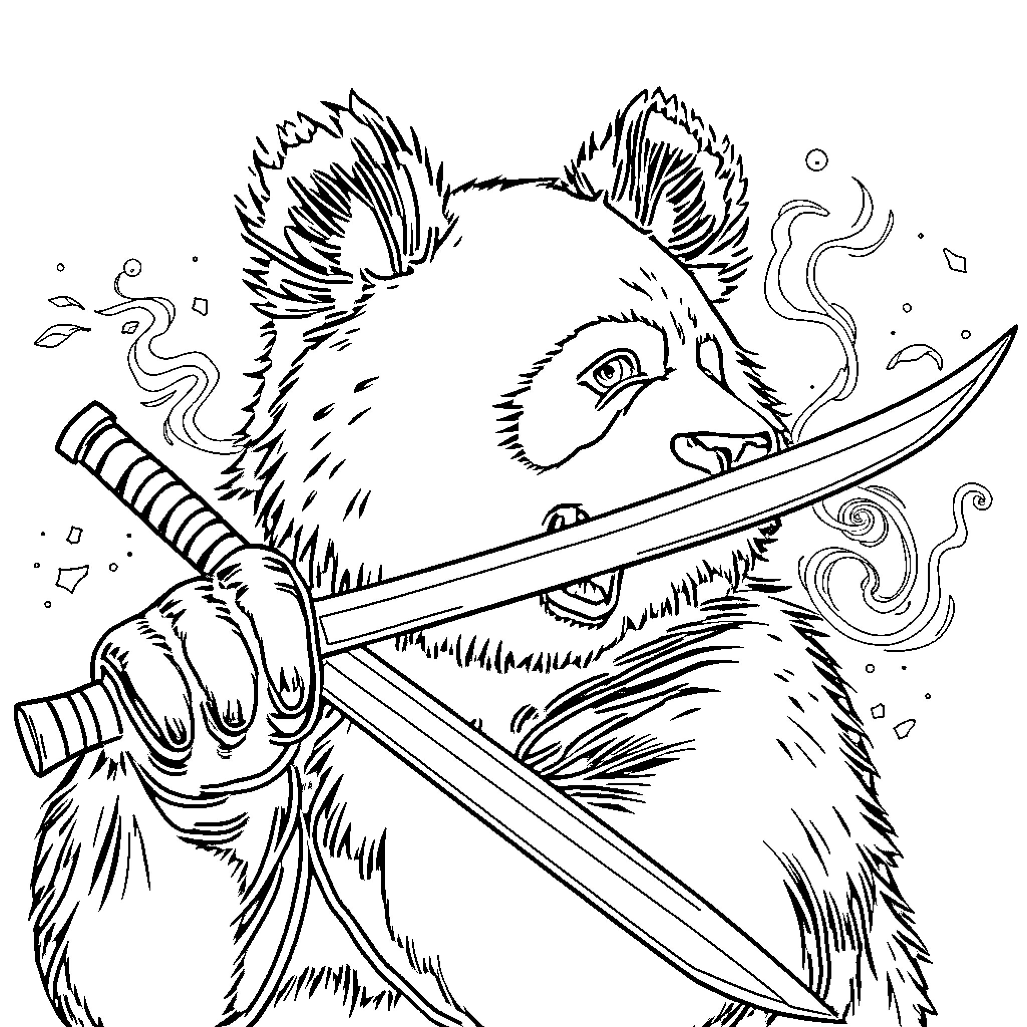 Panda wielding a samurai sword Coloring Page (free black-and-white line drawing printable PDF for all, from beginners to advanced learners, including children, teens, adults, and seniors)