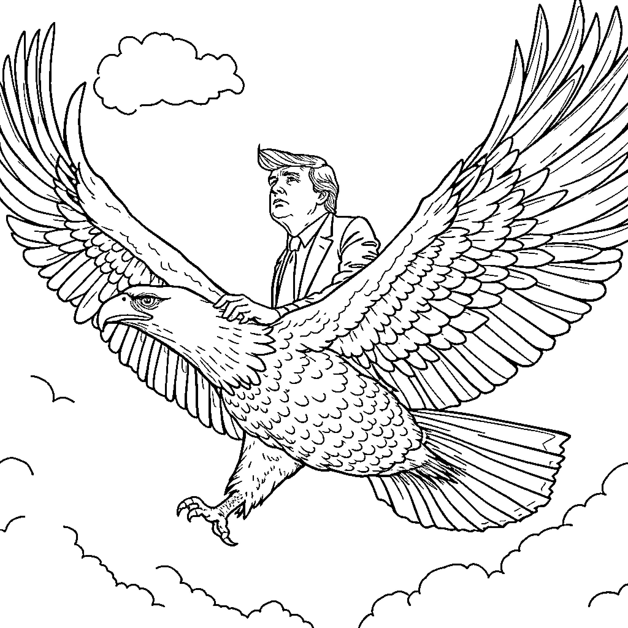 Donald Trump Soaring on Mighty Eagle Wings Coloring Page (free black-and-white line drawing printable PDF for all, from beginners to advanced learners, including children, teens, adults, and seniors)