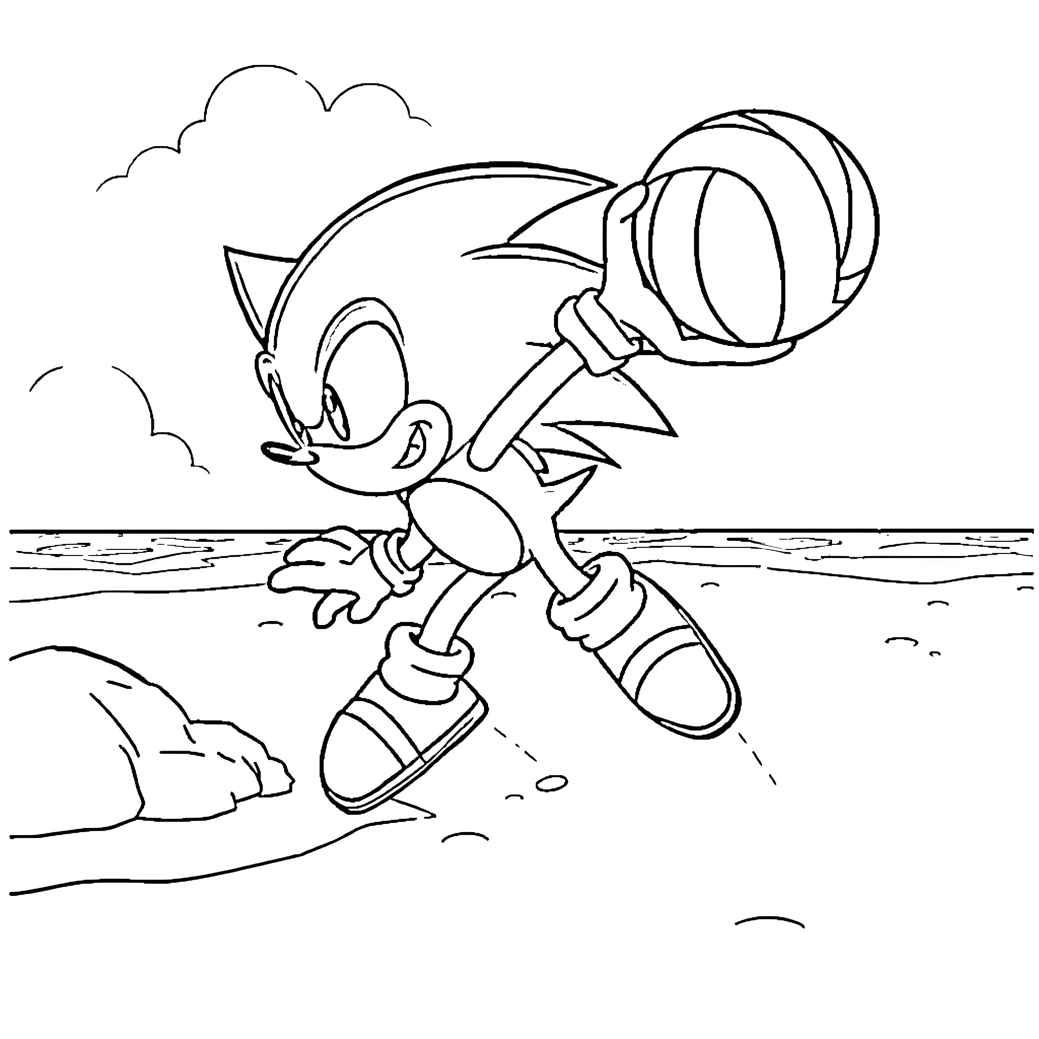 Sonic running and jumping through the landscape Coloring Page (free black-and-white line drawing printable PDF for all, from beginners to advanced learners, including children, teens, adults, and seniors)