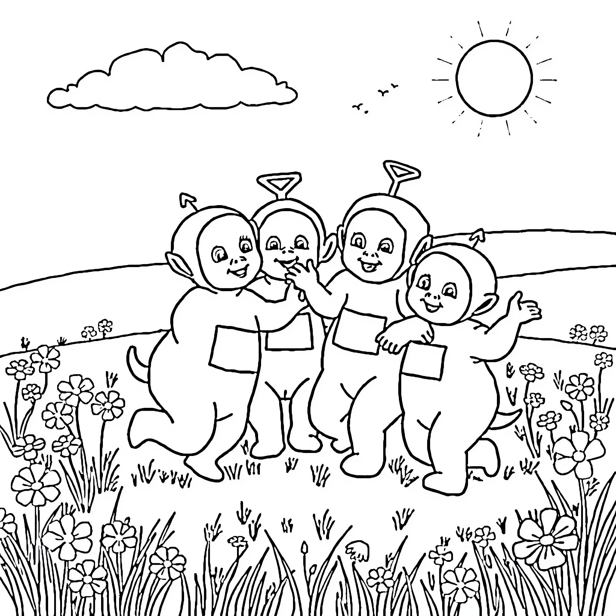 Teletubbies playing happily in a meadow Coloring Page (free black-and-white line drawing printable PDF for all, from beginners to advanced learners, including children, teens, adults, and seniors)