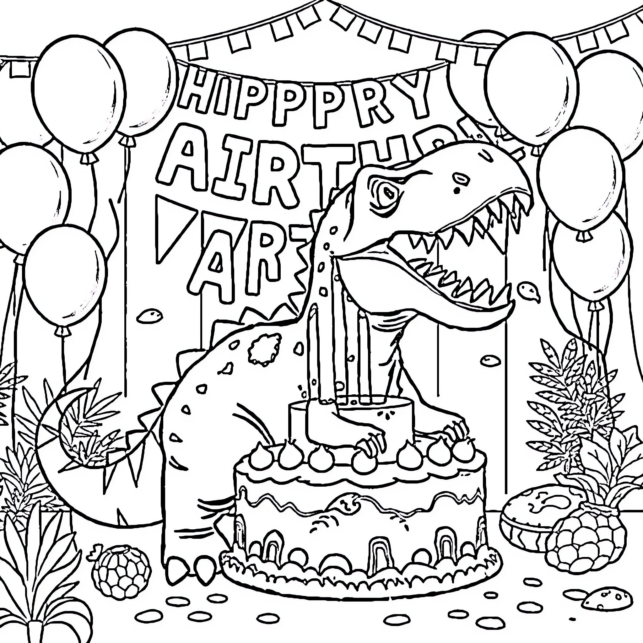 Dinosaur's Happy Birthday Party Coloring Page (free black-and-white line drawing printable PDF for all, from beginners to advanced learners, including children, teens, adults, and seniors)