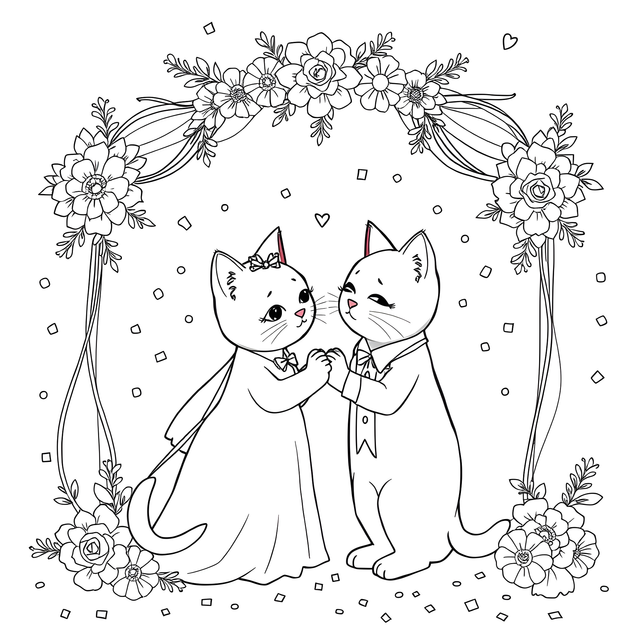 Cat couple getting married in a floral arch Coloring Page (free black-and-white line drawing printable PDF for all, from beginners to advanced learners, including children, teens, adults, and seniors)