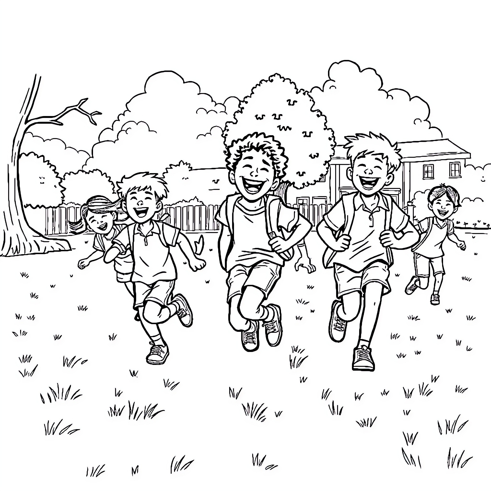 Students happily running and playing outdoors Coloring Page (free black-and-white line drawing printable PDF for all, from beginners to advanced learners, including children, teens, adults, and seniors)