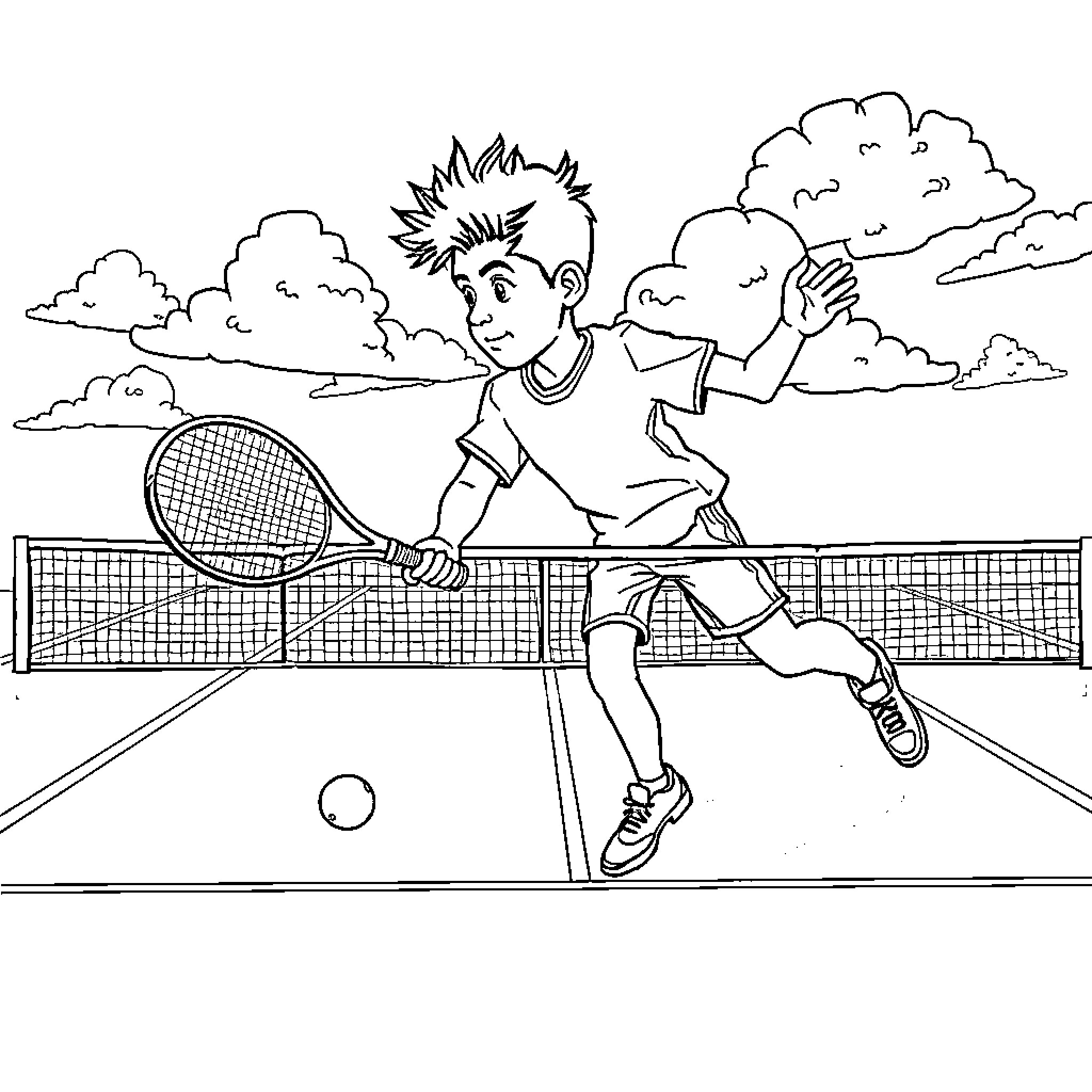 Martian Boy Playing Energetic Tennis Match Coloring Page (free black-and-white line drawing printable PDF for all, from beginners to advanced learners, including children, teens, adults, and seniors)
