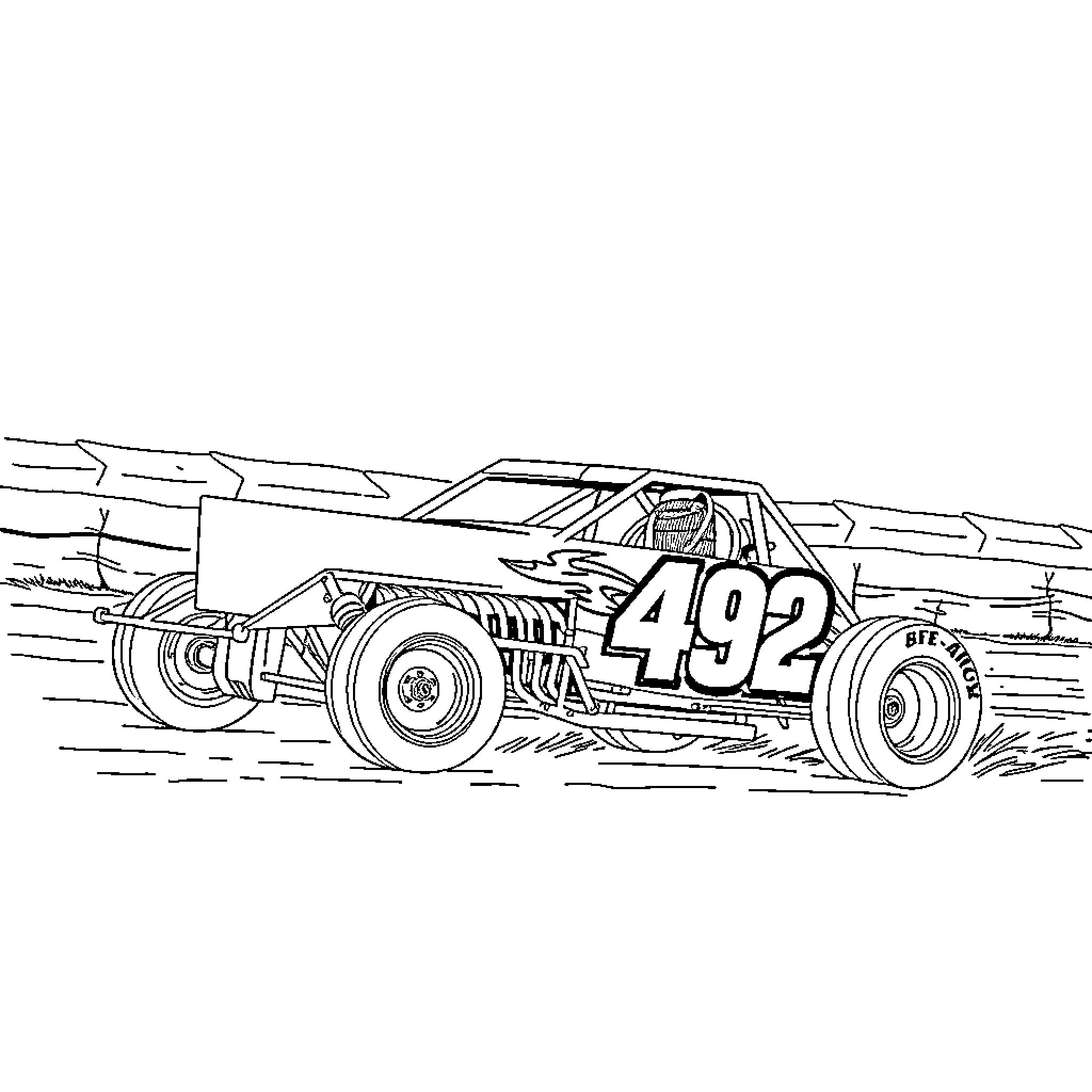 Modified Racing Truck in High-Speed Action Coloring Page (free black-and-white line drawing printable PDF for all, from beginners to advanced learners, including children, teens, adults, and seniors)