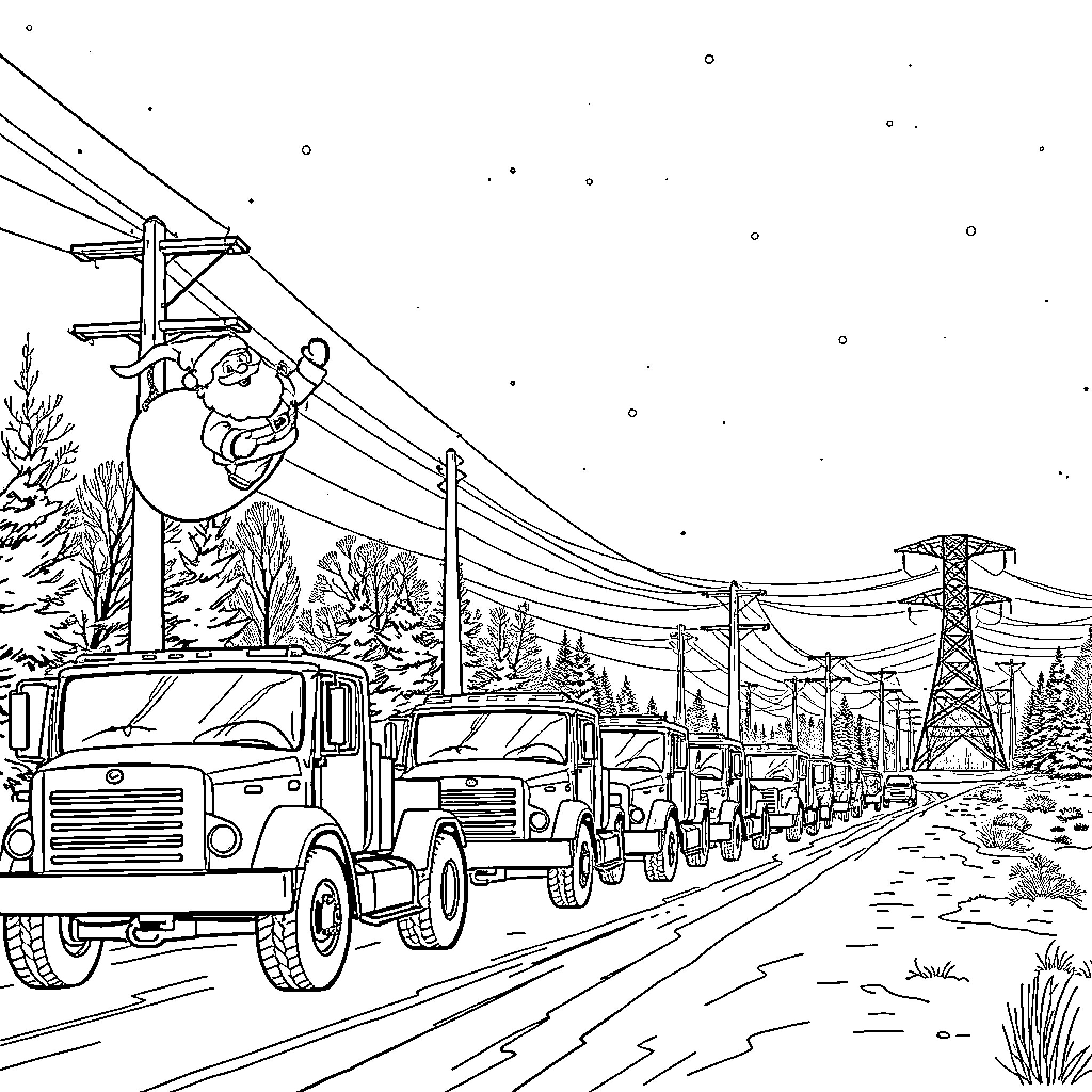 Santa Claus driving a truck on a snowy road Coloring Page (free black-and-white line drawing printable PDF for all, from beginners to advanced learners, including children, teens, adults, and seniors)