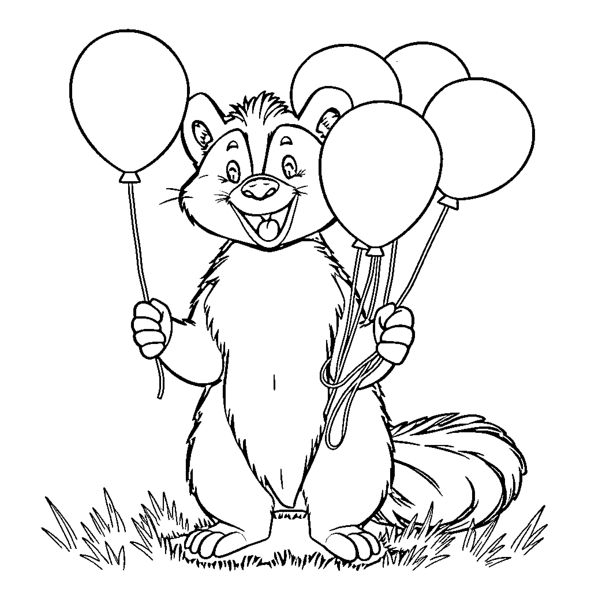 Skunk holding colorful balloons with joy Coloring Page (free black-and-white line drawing printable PDF for all, from beginners to advanced learners, including children, teens, adults, and seniors)