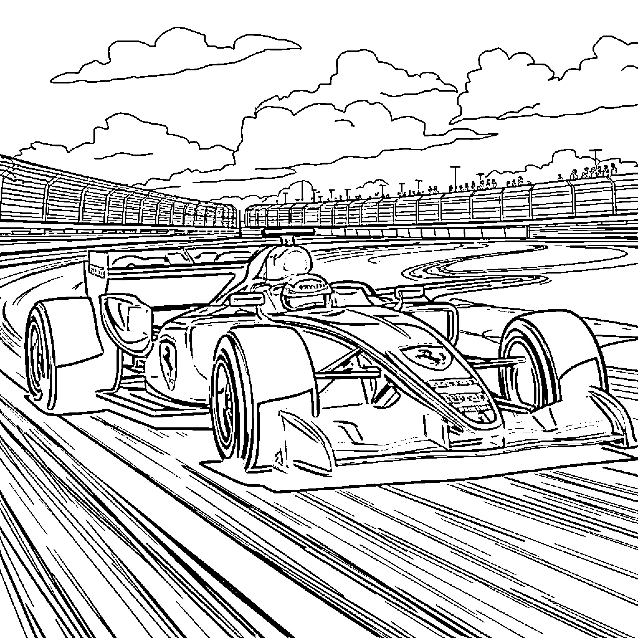 Ferrari F1 racer speeding on racetrack Coloring Page (free black-and-white line drawing printable PDF for all, from beginners to advanced learners, including children, teens, adults, and seniors)