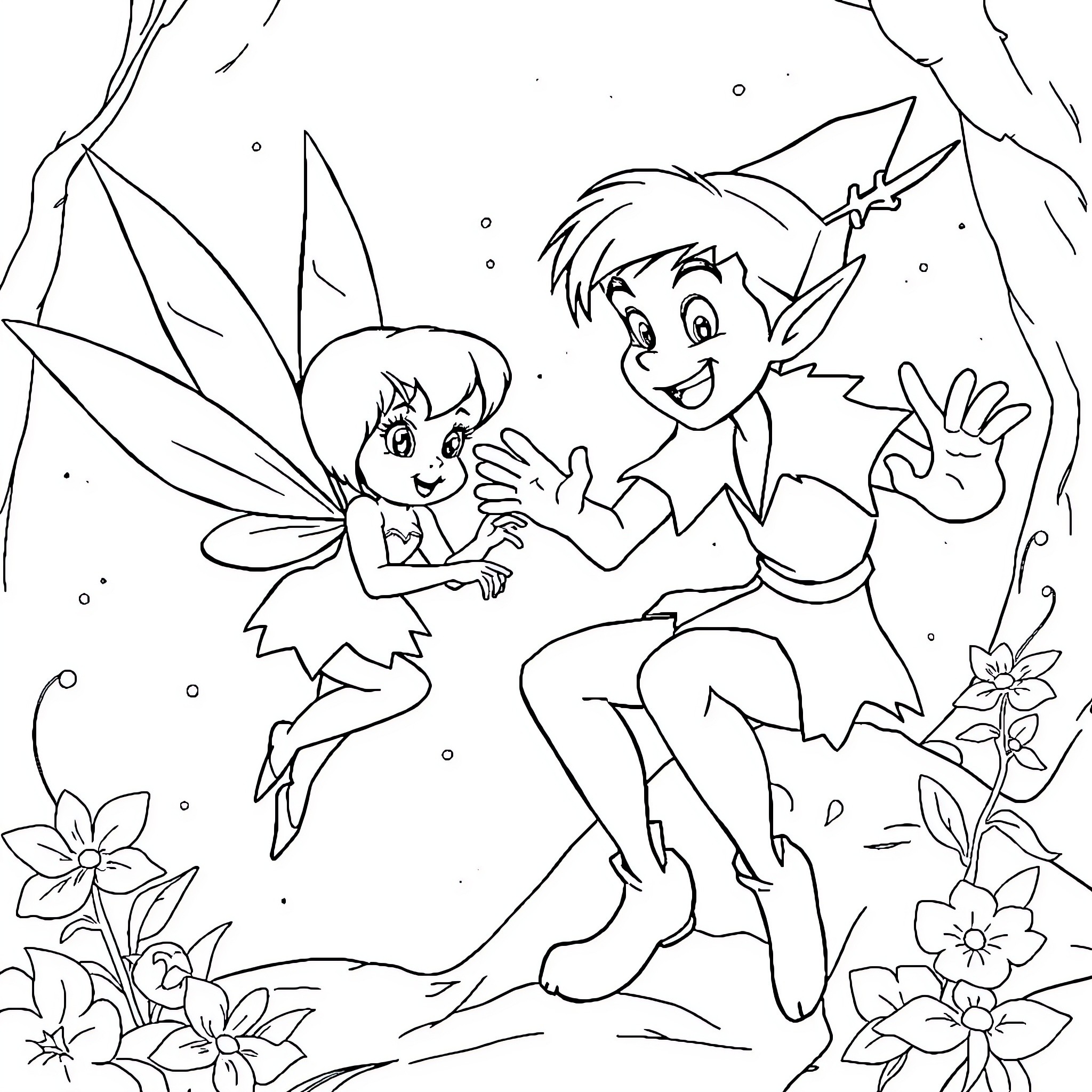 Tinkerbell and friend playing happily in fairy land Coloring Page (free black-and-white line drawing printable PDF for all, from beginners to advanced learners, including children, teens, adults, and seniors)
