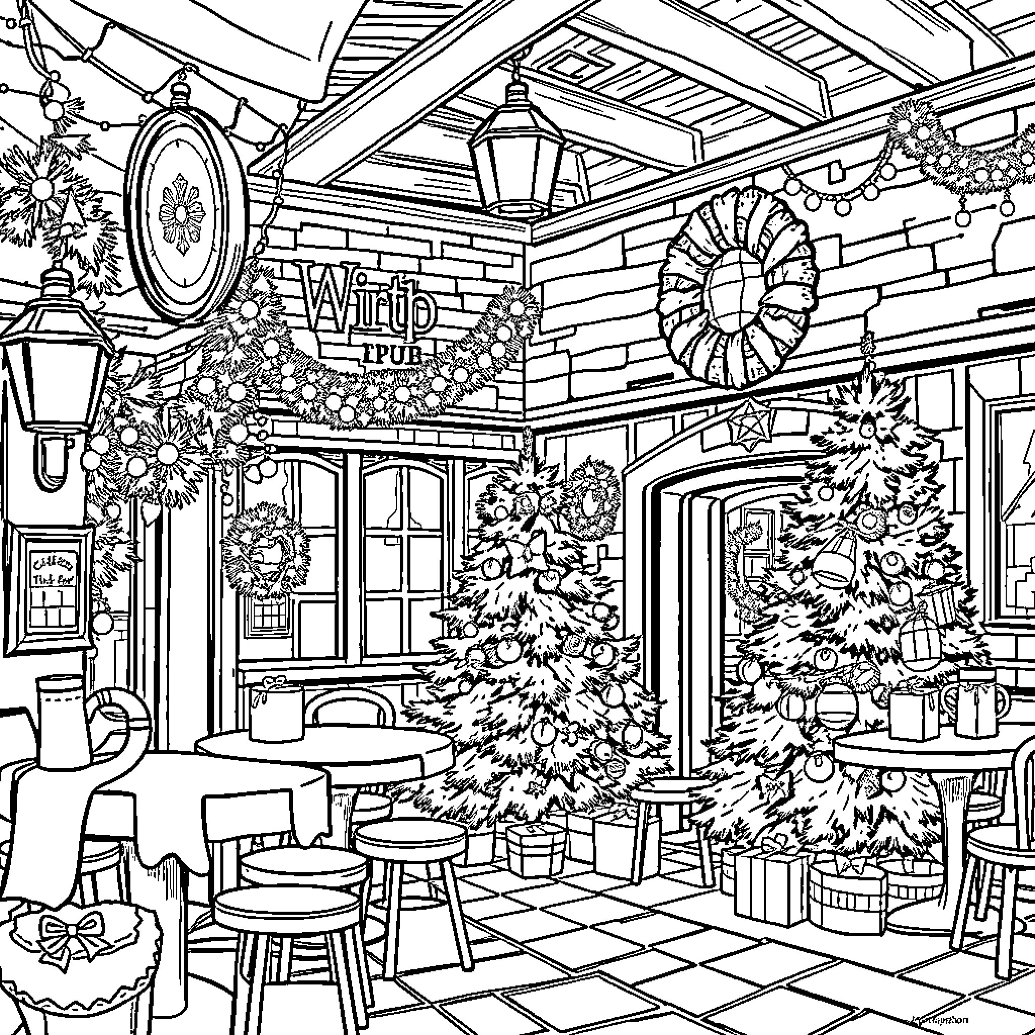 Pub Decorated for the Holidays with Festive Decor Coloring Page (free black-and-white line drawing printable PDF for all, from beginners to advanced learners, including children, teens, adults, and seniors)