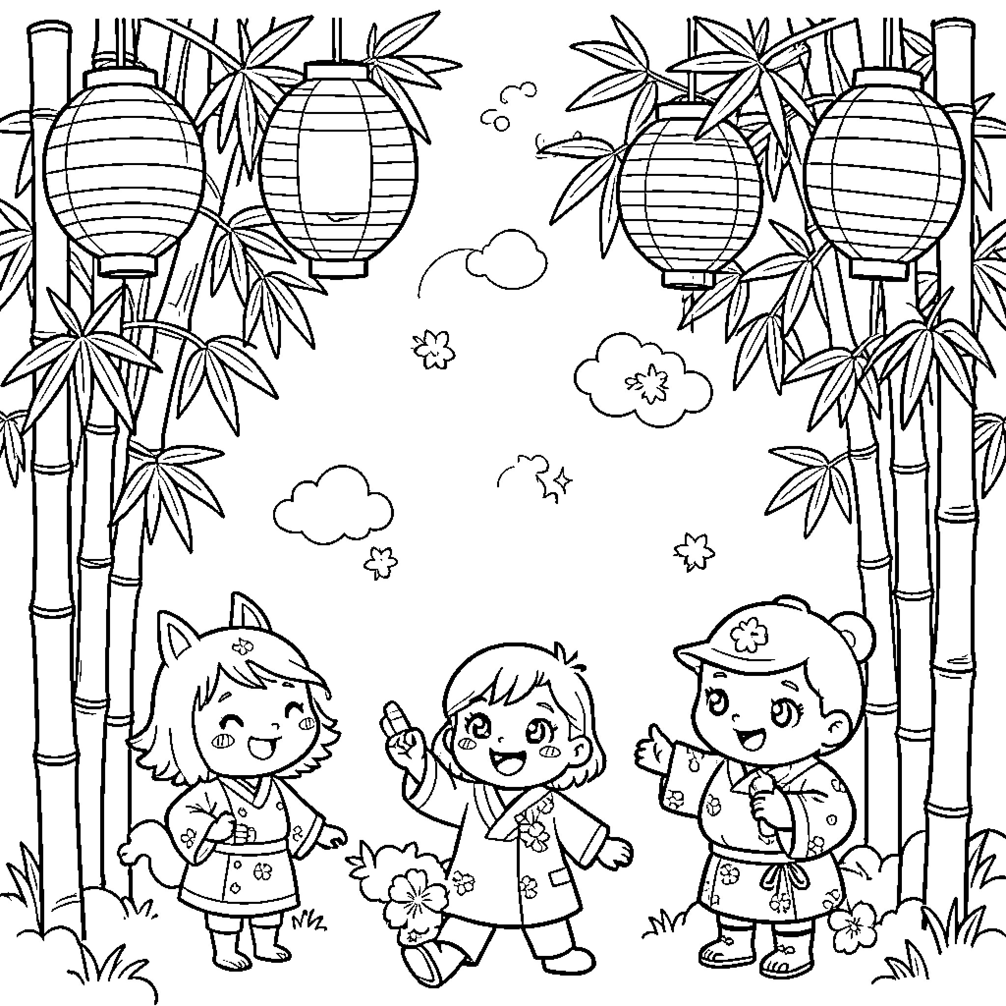 Japanese children celebrating under hanging lanterns and bamboo Coloring Page (free black-and-white line drawing printable PDF for all, from beginners to advanced learners, including children, teens, adults, and seniors)