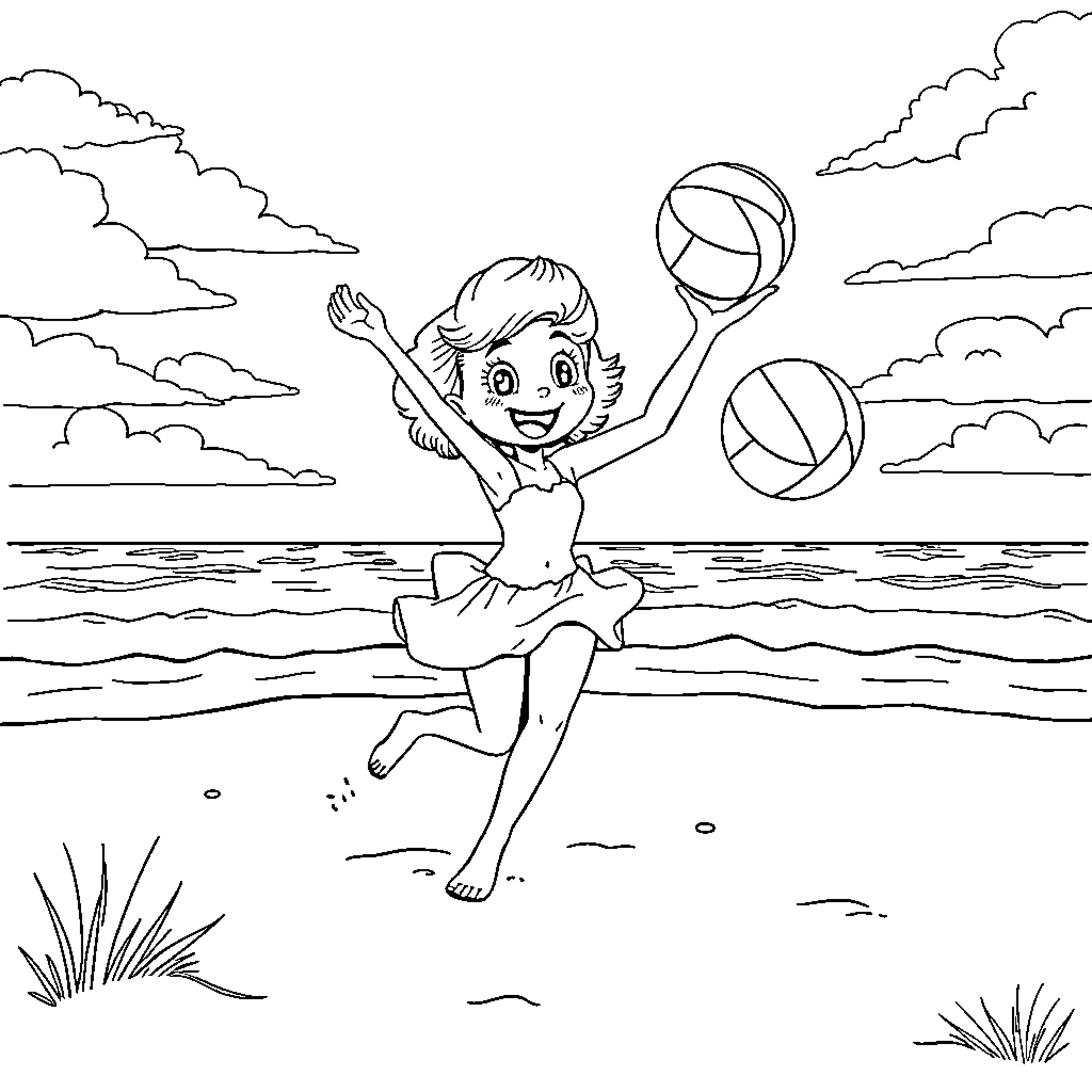 Poppy jumping and playing with beach balls in the ocean Coloring Page (free black-and-white line drawing printable PDF for all, from beginners to advanced learners, including children, teens, adults, and seniors)