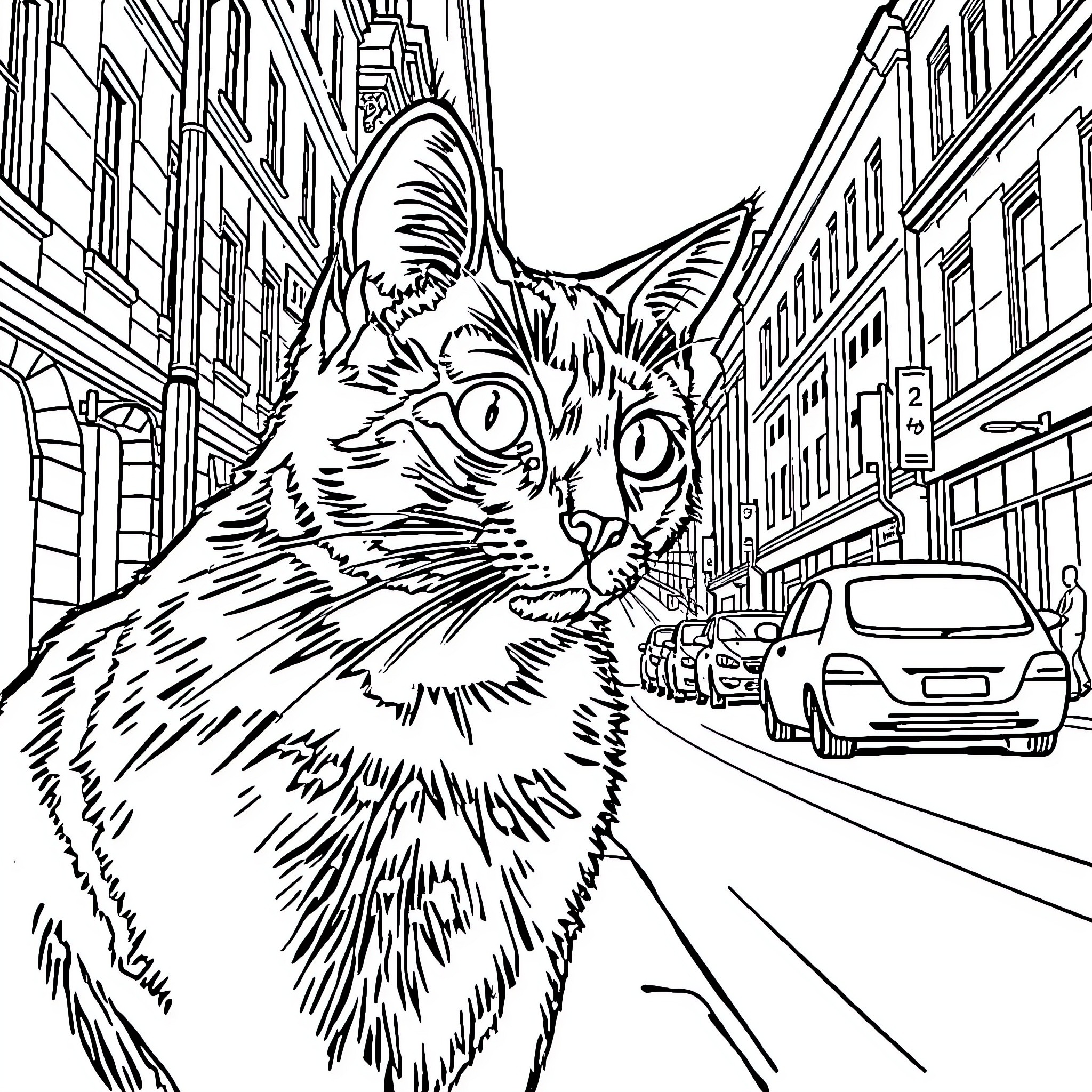 Cat exploring the urban city street Coloring Page (free black-and-white line drawing printable PDF for all, from beginners to advanced learners, including children, teens, adults, and seniors)