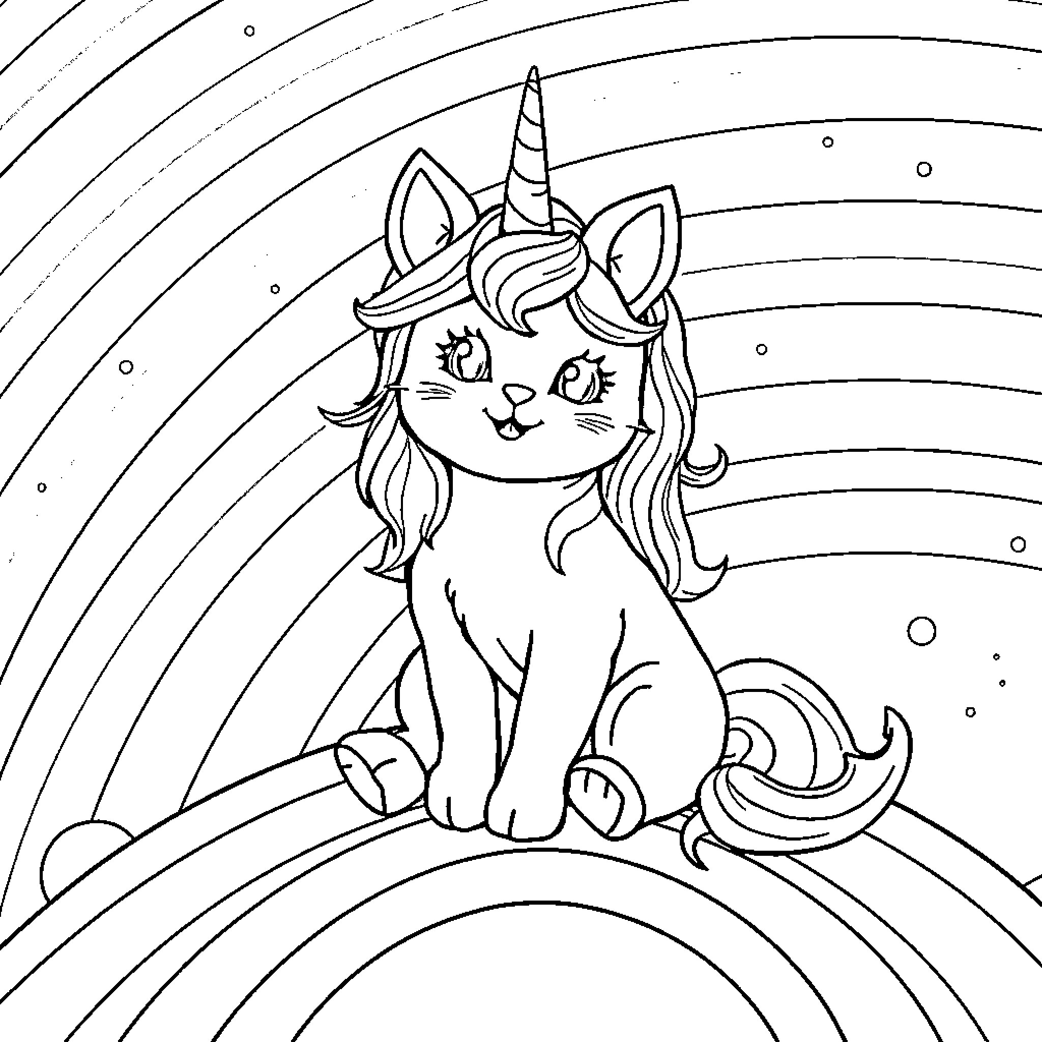 Unicorn kitten playing in the magical rainbow Coloring Page (free black-and-white line drawing printable PDF for all, from beginners to advanced learners, including children, teens, adults, and seniors)