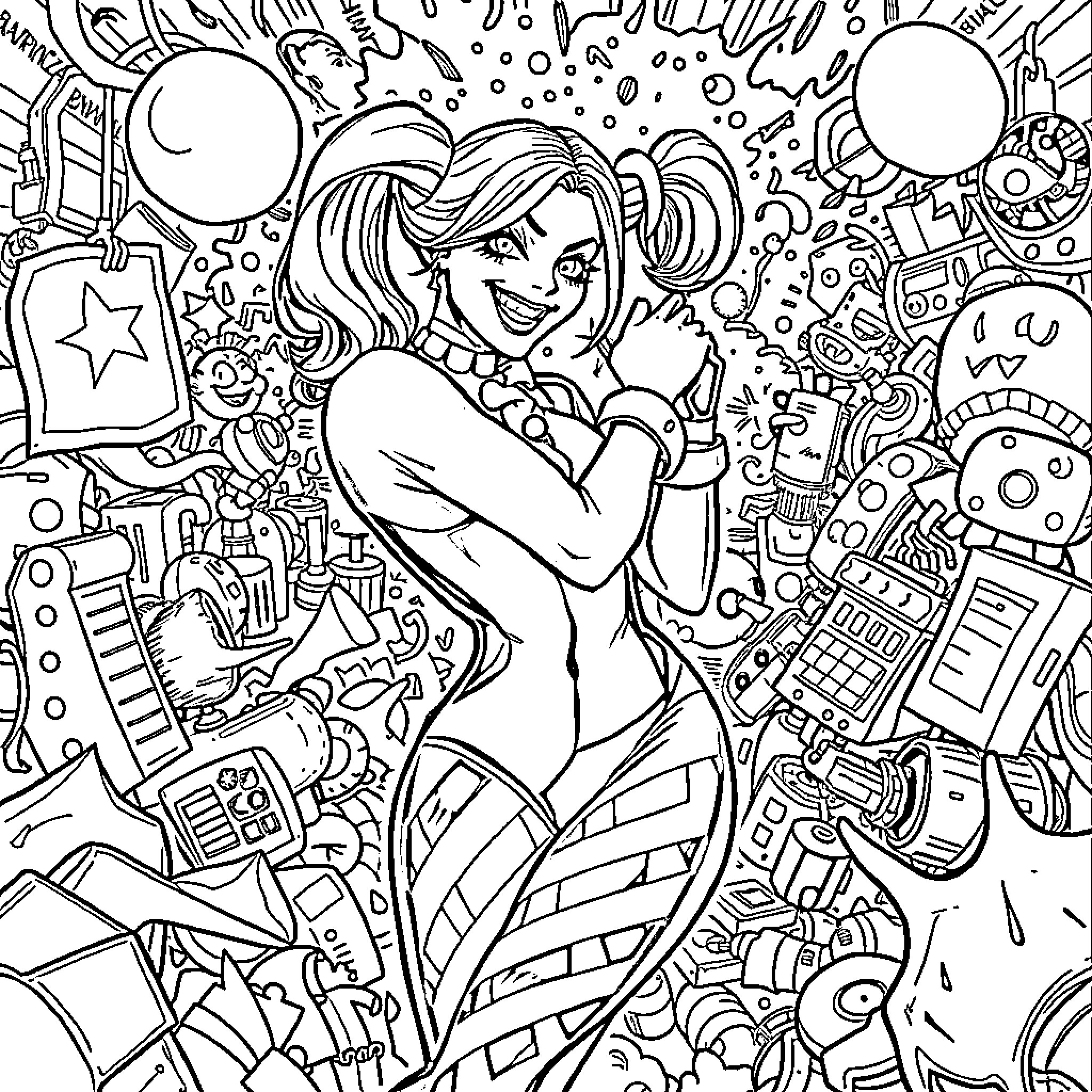 Harley Quinn's Chaotic Adventure in a Whimsical World Coloring Page (free black-and-white line drawing printable PDF for all, from beginners to advanced learners, including children, teens, adults, and seniors)