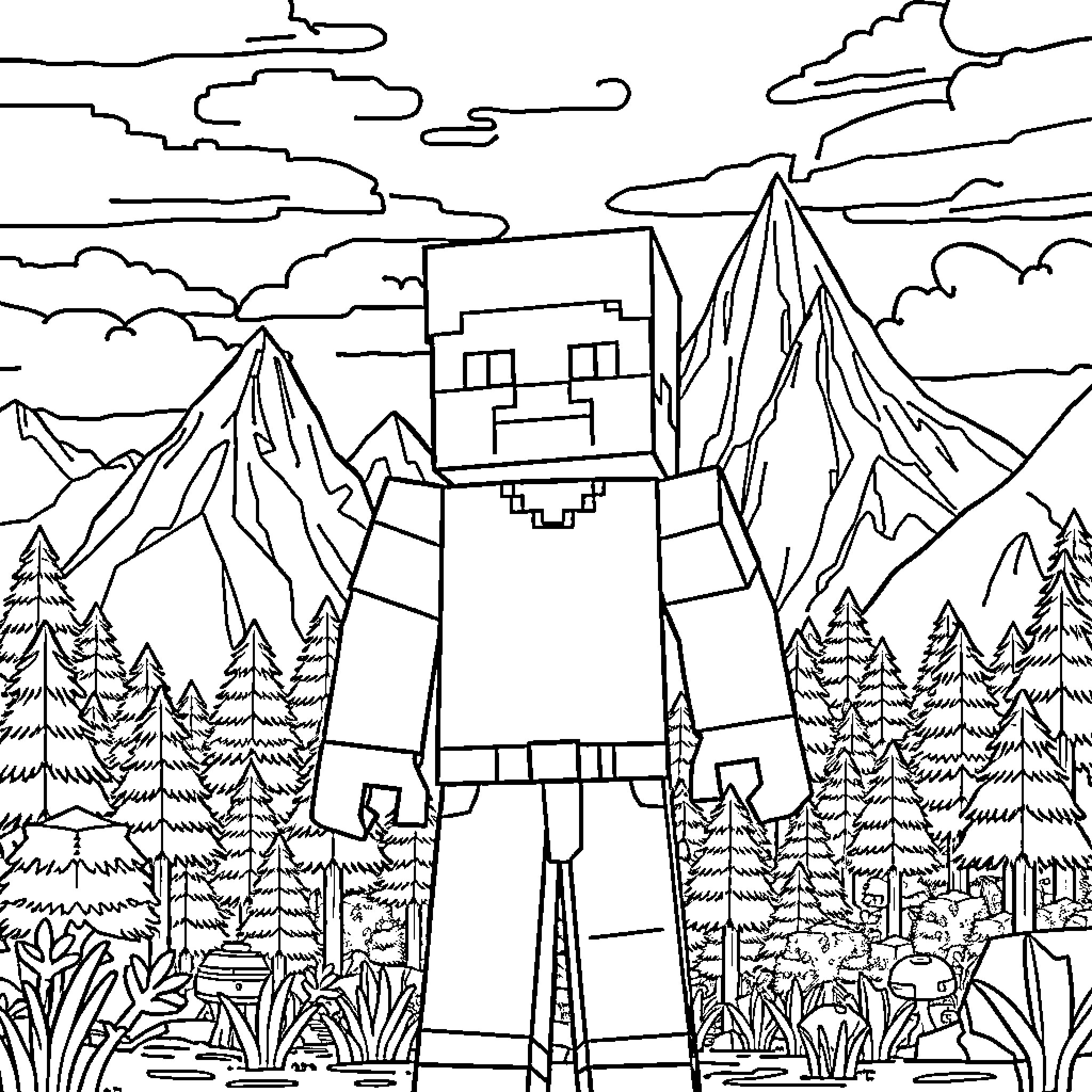 Steve exploring the mystical mountain landscape Coloring Page (free black-and-white line drawing printable PDF for all, from beginners to advanced learners, including children, teens, adults, and seniors)