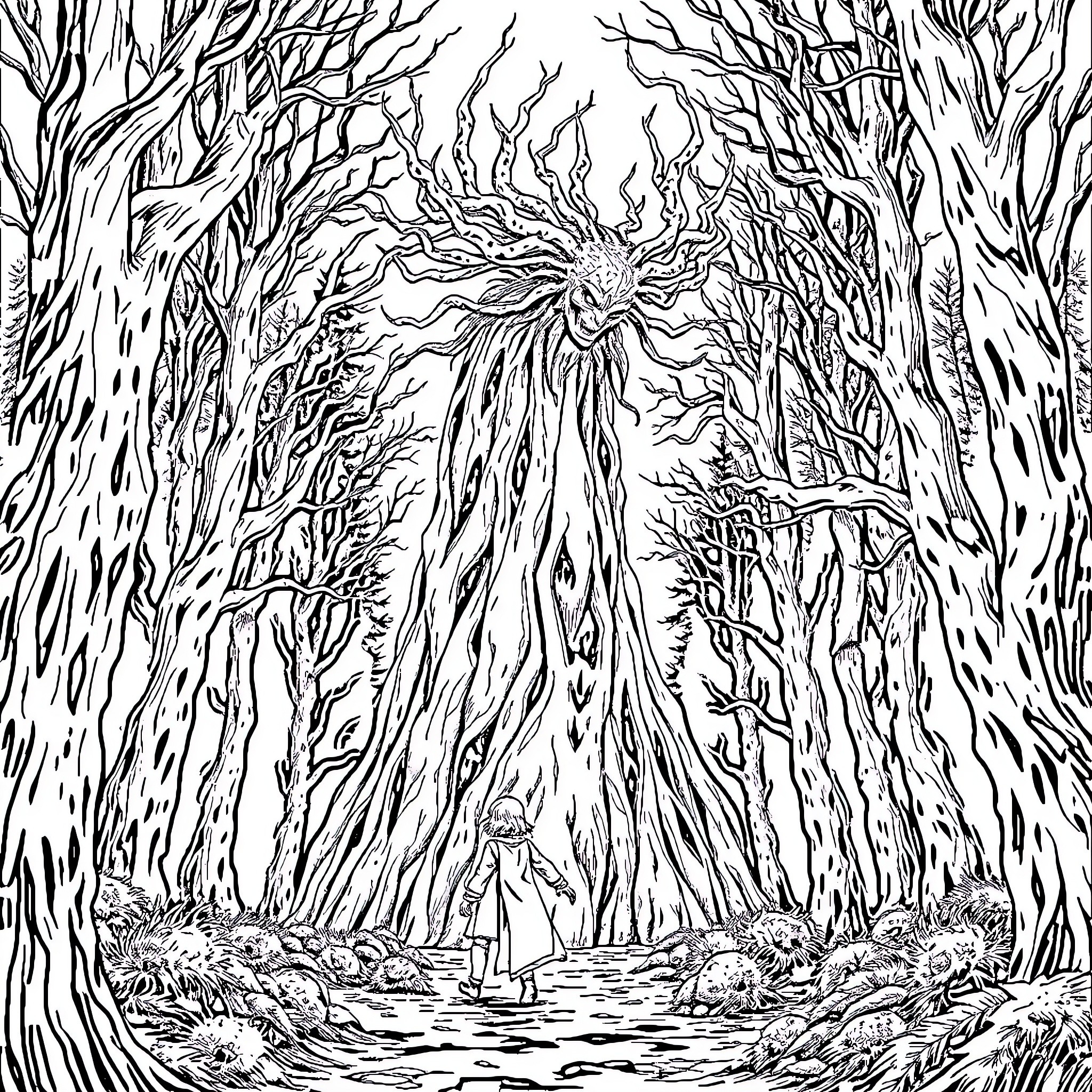 Sirenhead in the Twisted Forest Realm Coloring Page (free black-and-white line drawing printable PDF for all, from beginners to advanced learners, including children, teens, adults, and seniors)