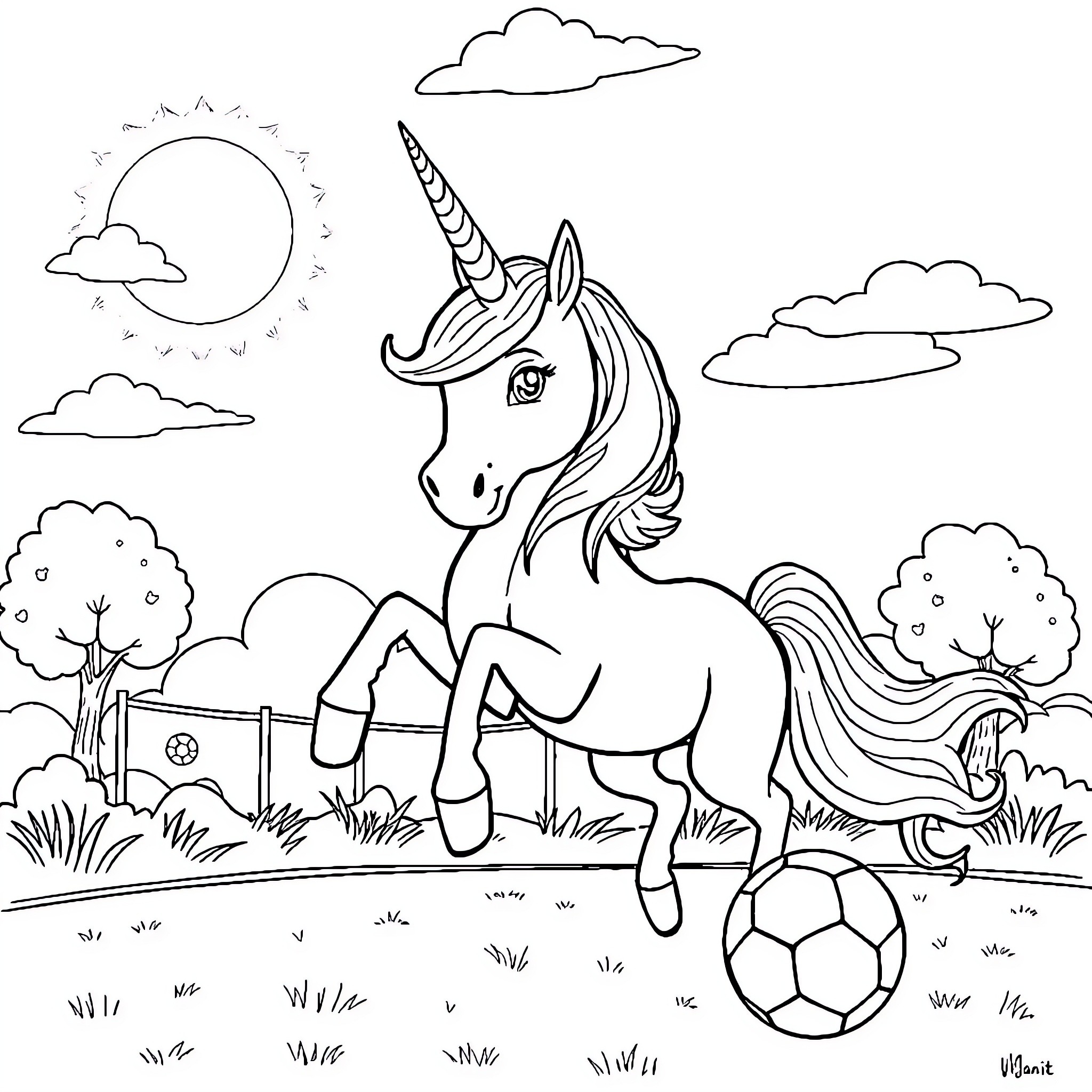 Unicorn playing joyfully with soccer ball in enchanted meadow Coloring Page (free black-and-white line drawing printable PDF for all, from beginners to advanced learners, including children, teens, adults, and seniors)