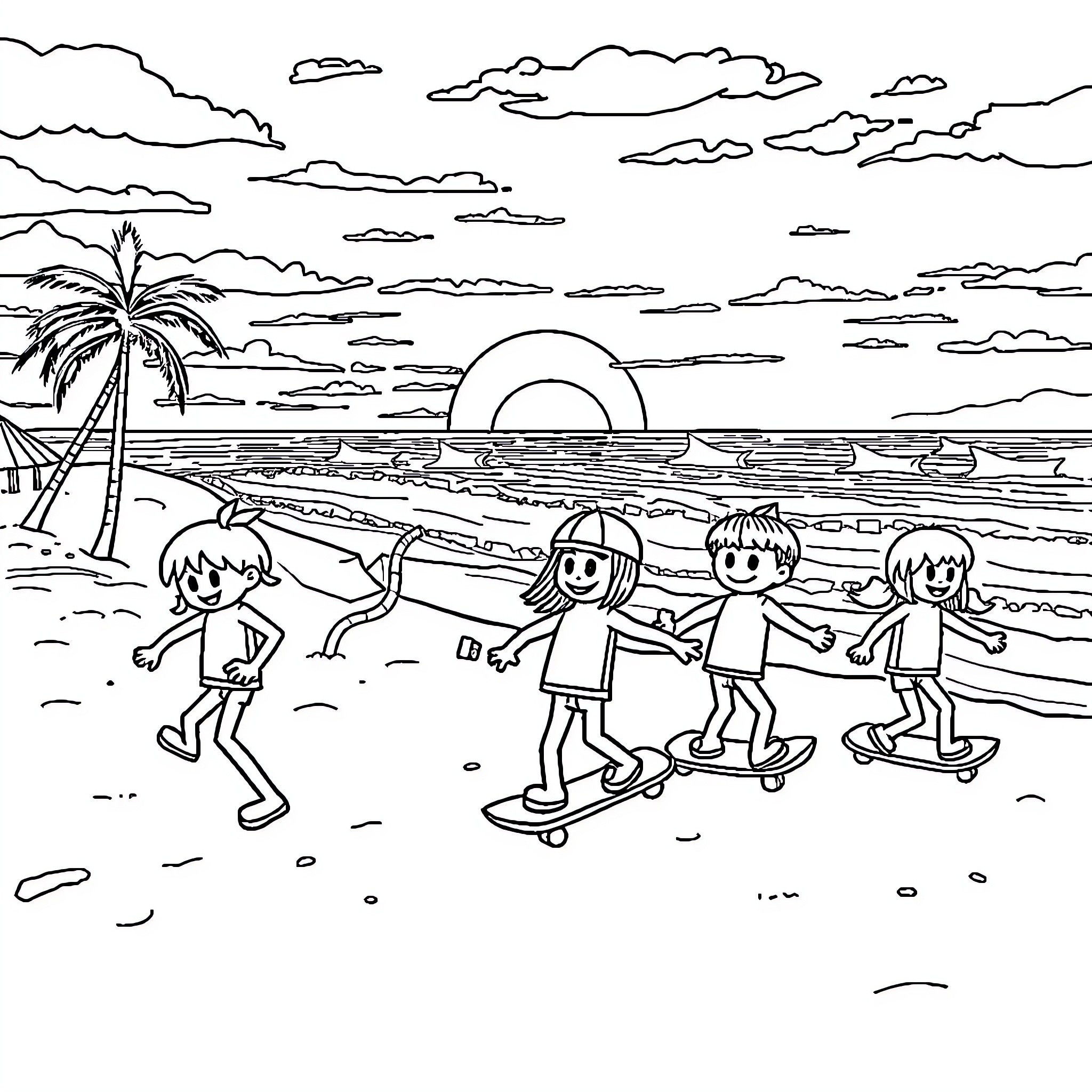 Teenagers enjoying skateboarding on the beach Coloring Page (free black-and-white line drawing printable PDF for all, from beginners to advanced learners, including children, teens, adults, and seniors)