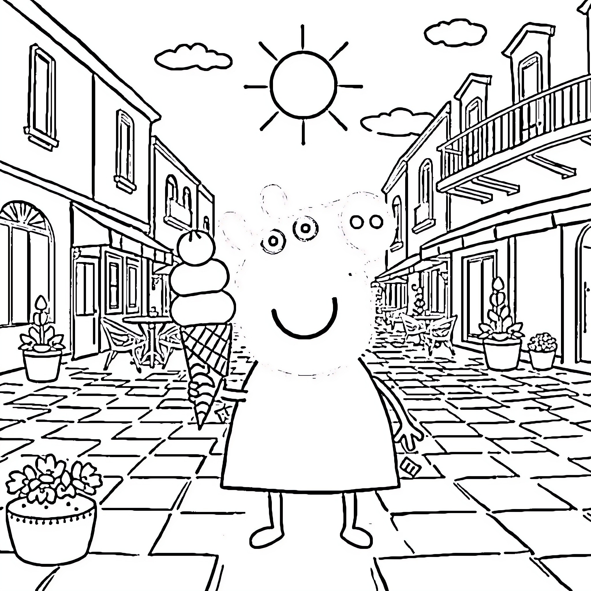 Peppa Pig enjoys a sunny day in the town square Coloring Page (free black-and-white line drawing printable PDF for all, from beginners to advanced learners, including children, teens, adults, and seniors)