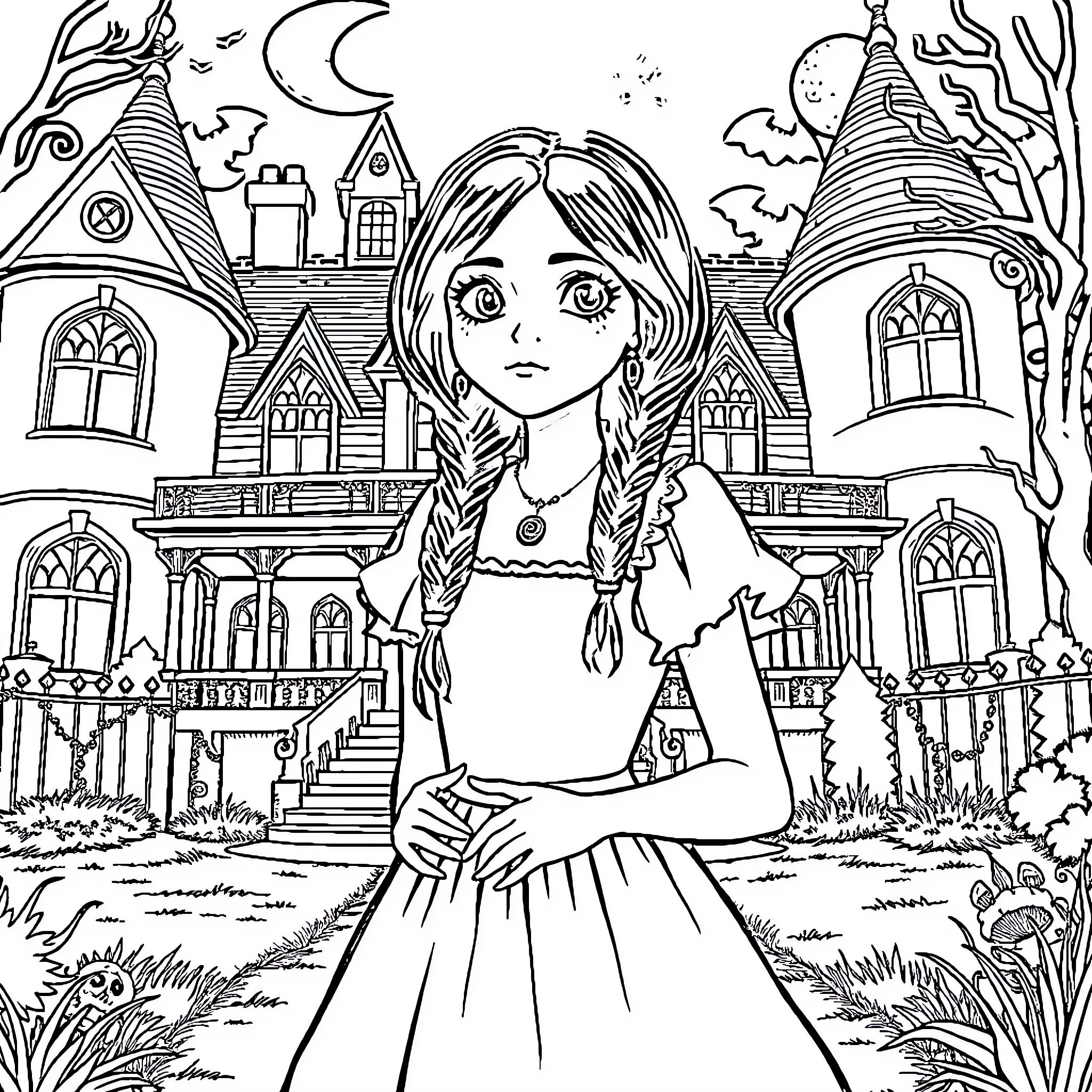 Wednesday Adams explores the haunted mansion Coloring Page (free black-and-white line drawing printable PDF for all, from beginners to advanced learners, including children, teens, adults, and seniors)
