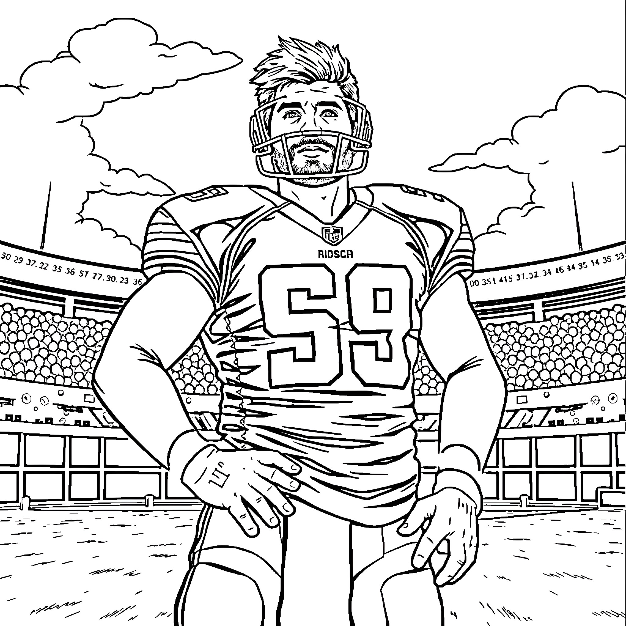 Nick Bosa, Football Player in Stadium Coloring Page (free black-and-white line drawing printable PDF for all, from beginners to advanced learners, including children, teens, adults, and seniors)