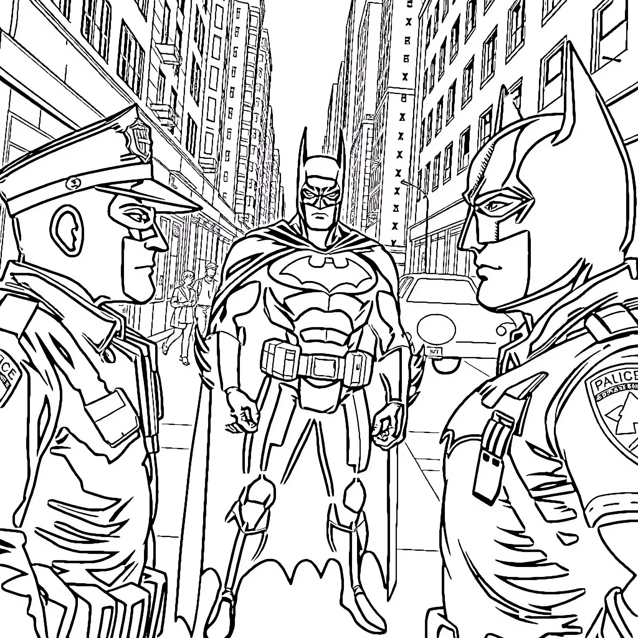 Batman taking action in the city streets Coloring Page (free black-and-white line drawing printable PDF for all, from beginners to advanced learners, including children, teens, adults, and seniors)