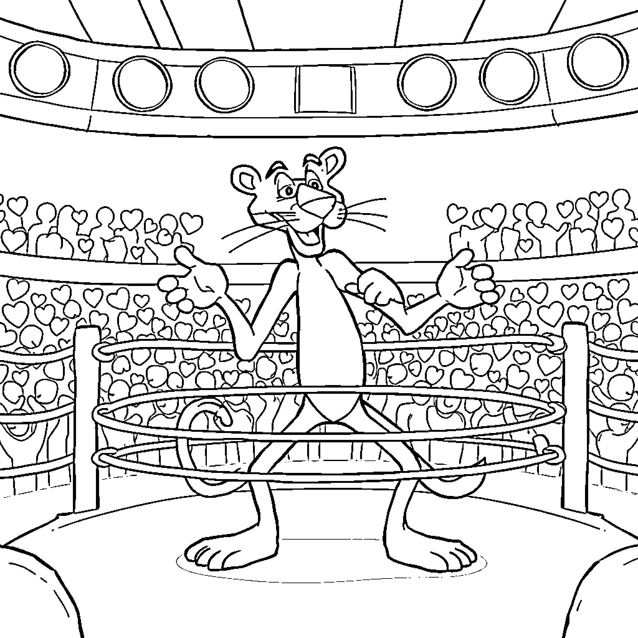 Pink Panther entertaining in the circus arena Coloring Page (free black-and-white line drawing printable PDF for all, from beginners to advanced learners, including children, teens, adults, and seniors)
