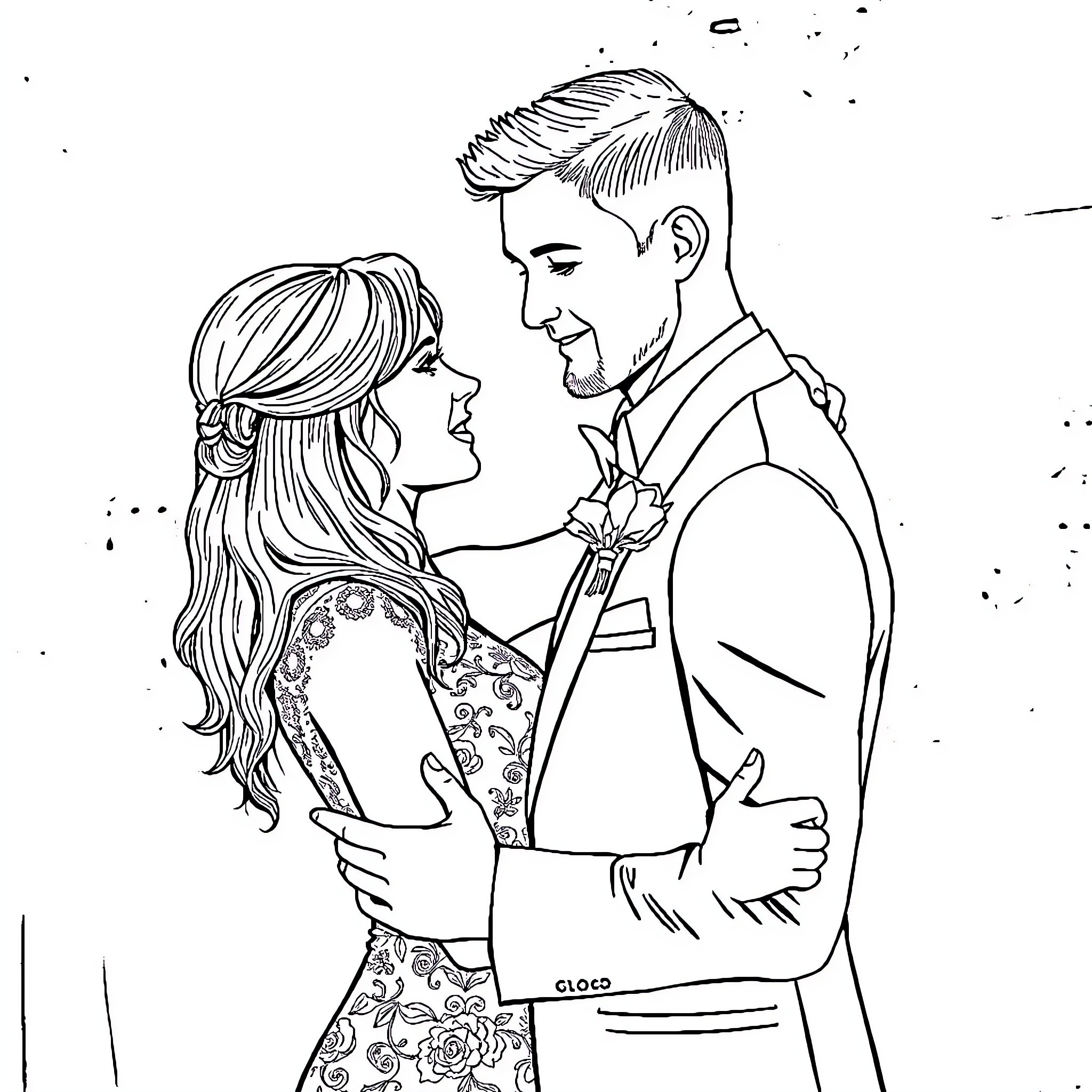 Wedding day affection and embrace Coloring Page (free black-and-white line drawing printable PDF for all, from beginners to advanced learners, including children, teens, adults, and seniors)